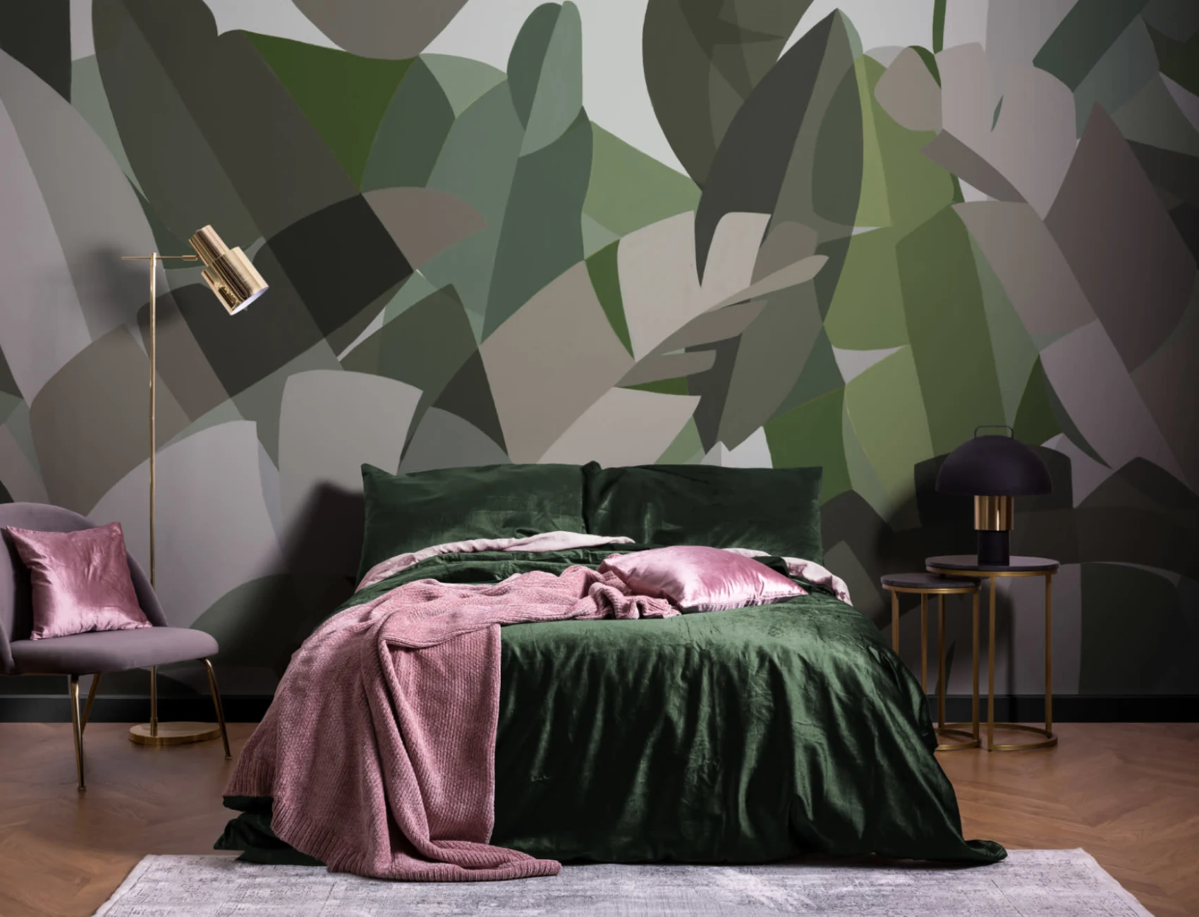 Groen Kubisme Stijl Tropische Bladeren Behang Muurschildering