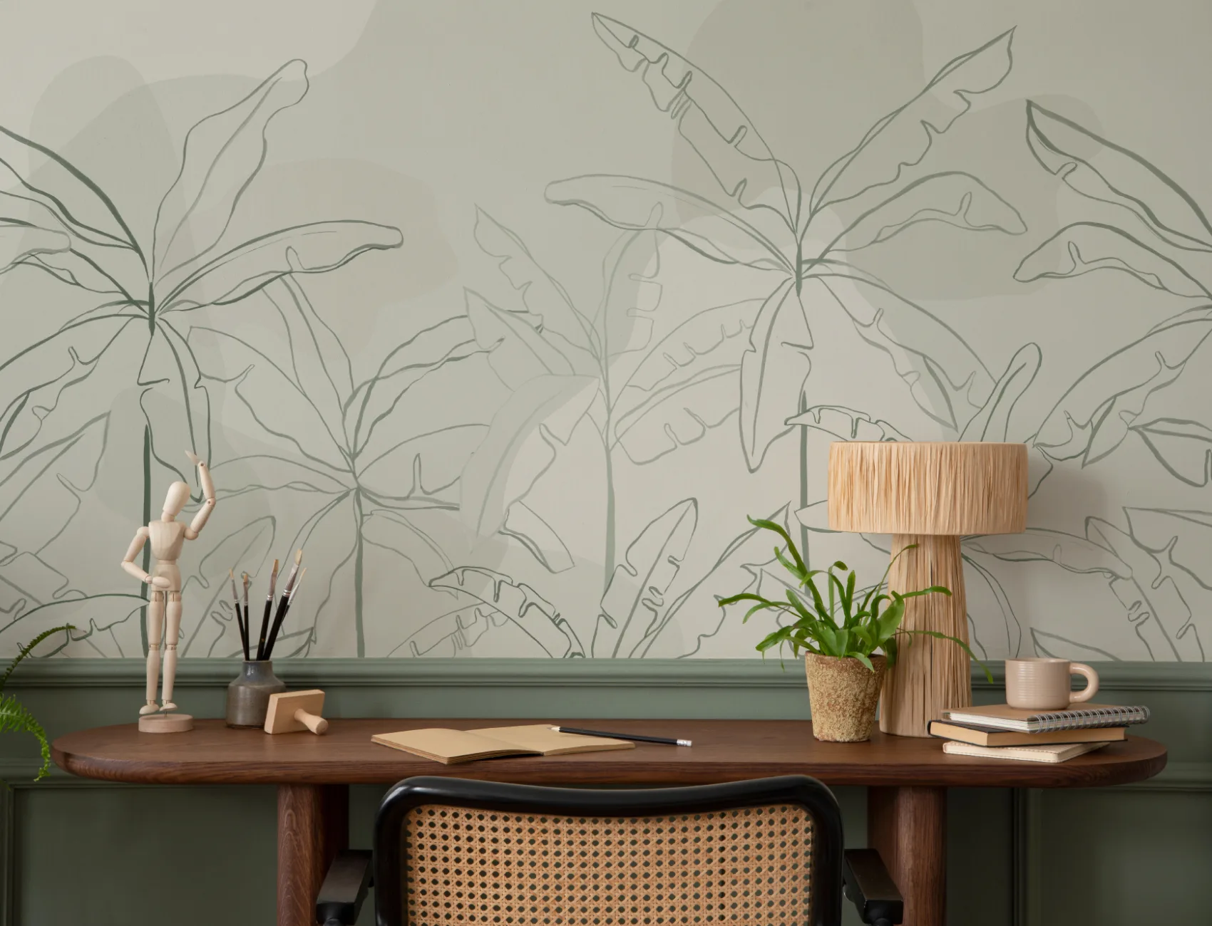 Green Tropical Wall Mural with Inky Banana Leaf Illustration