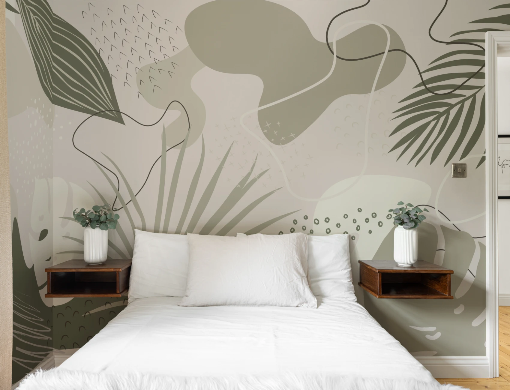 Papier peint panoramique tropical abstrait dans des tons verts et beiges
