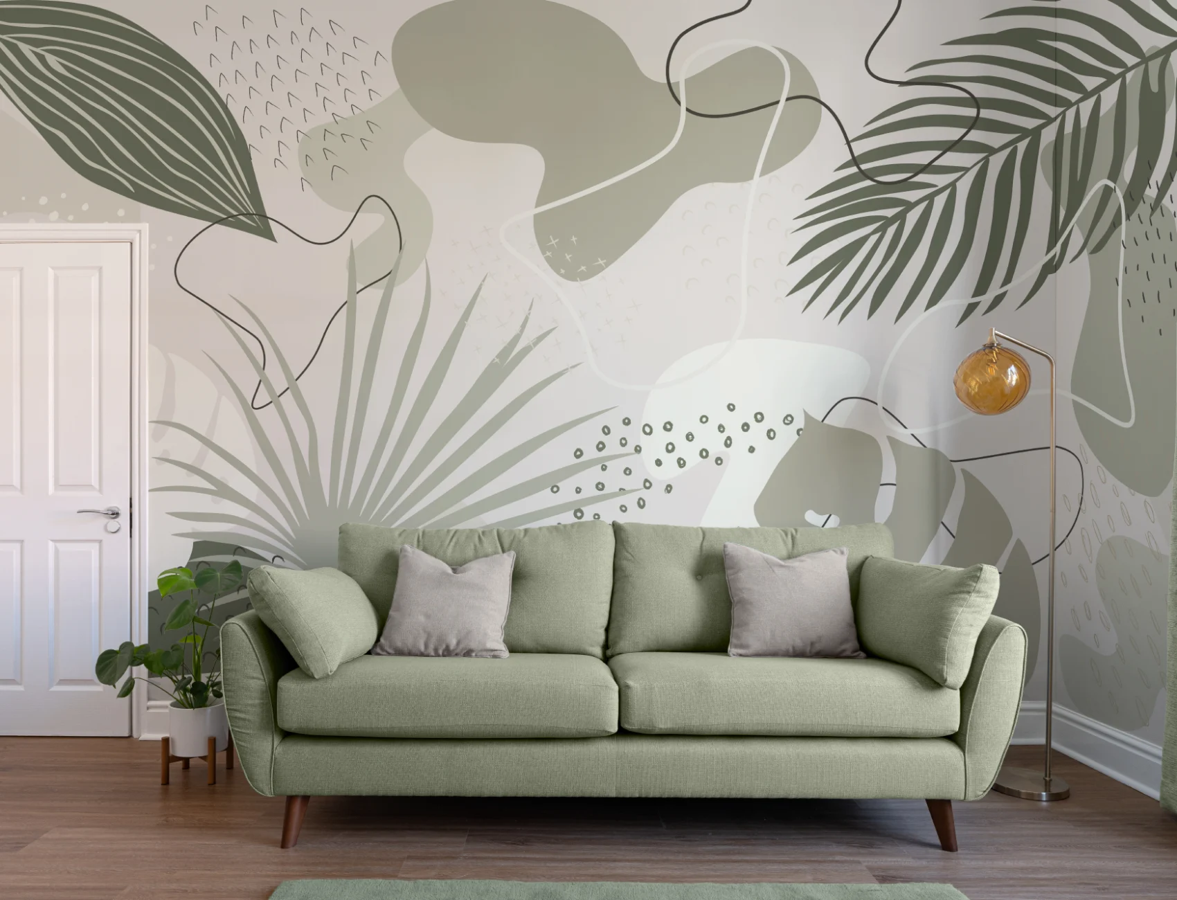 Papier peint panoramique tropical abstrait dans des tons verts et beiges