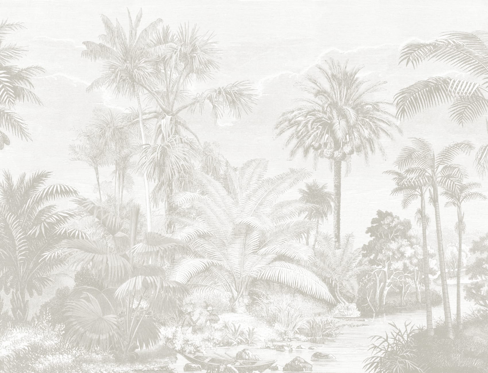 Lacandon Grijze Muurschildering Tropisch Palmbos met Vintage Etsdetail