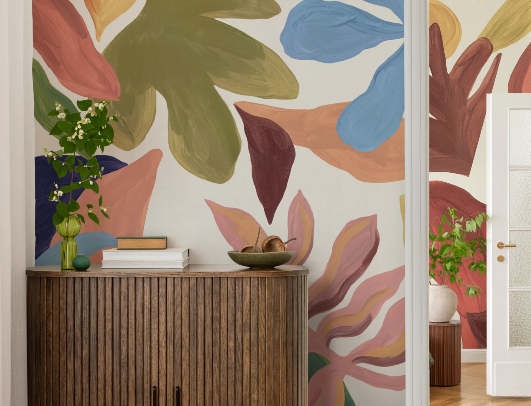 Veelkleurige abstracte areca-muurschildering met pasteluitstraling
