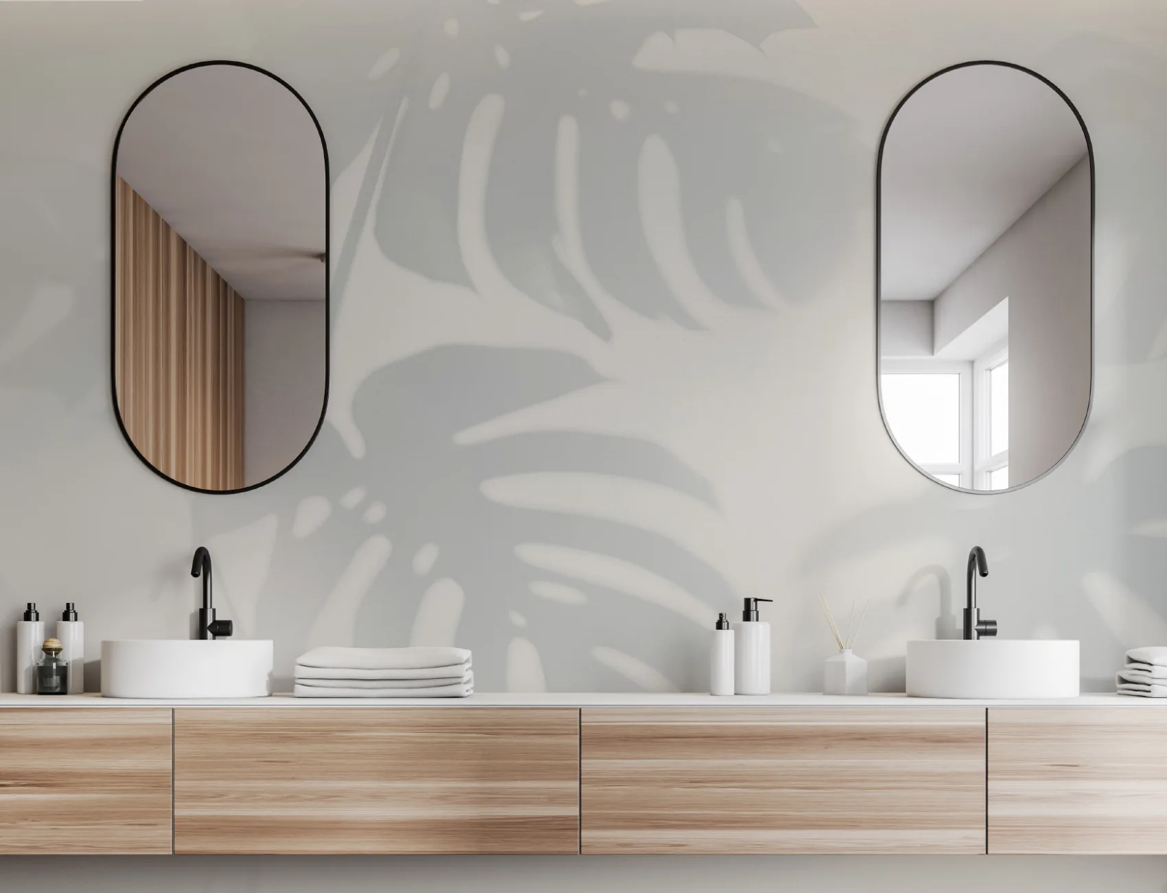 Blue Monstera Leaf Shadow Mural