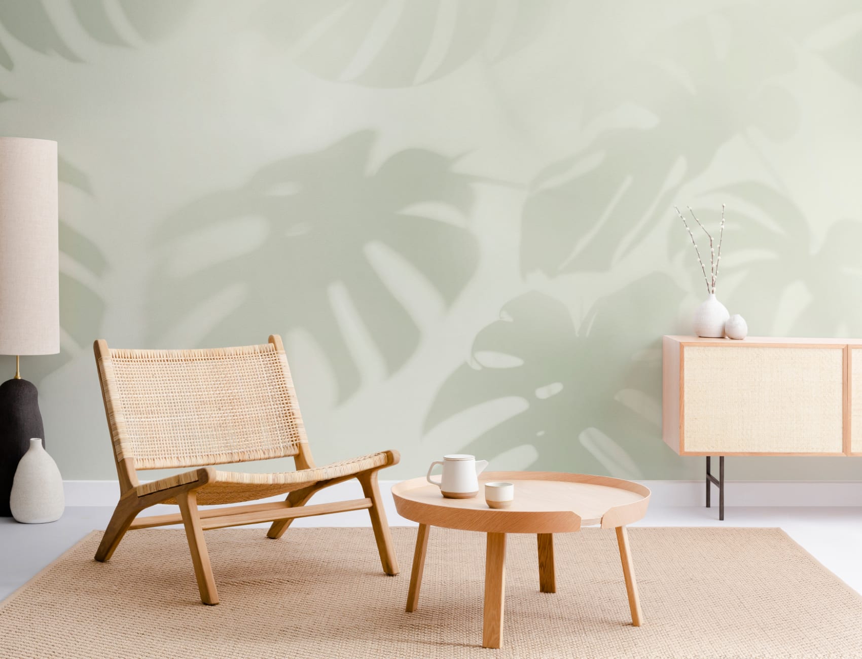 Sage Green Monstera Leaf Shadow Mural