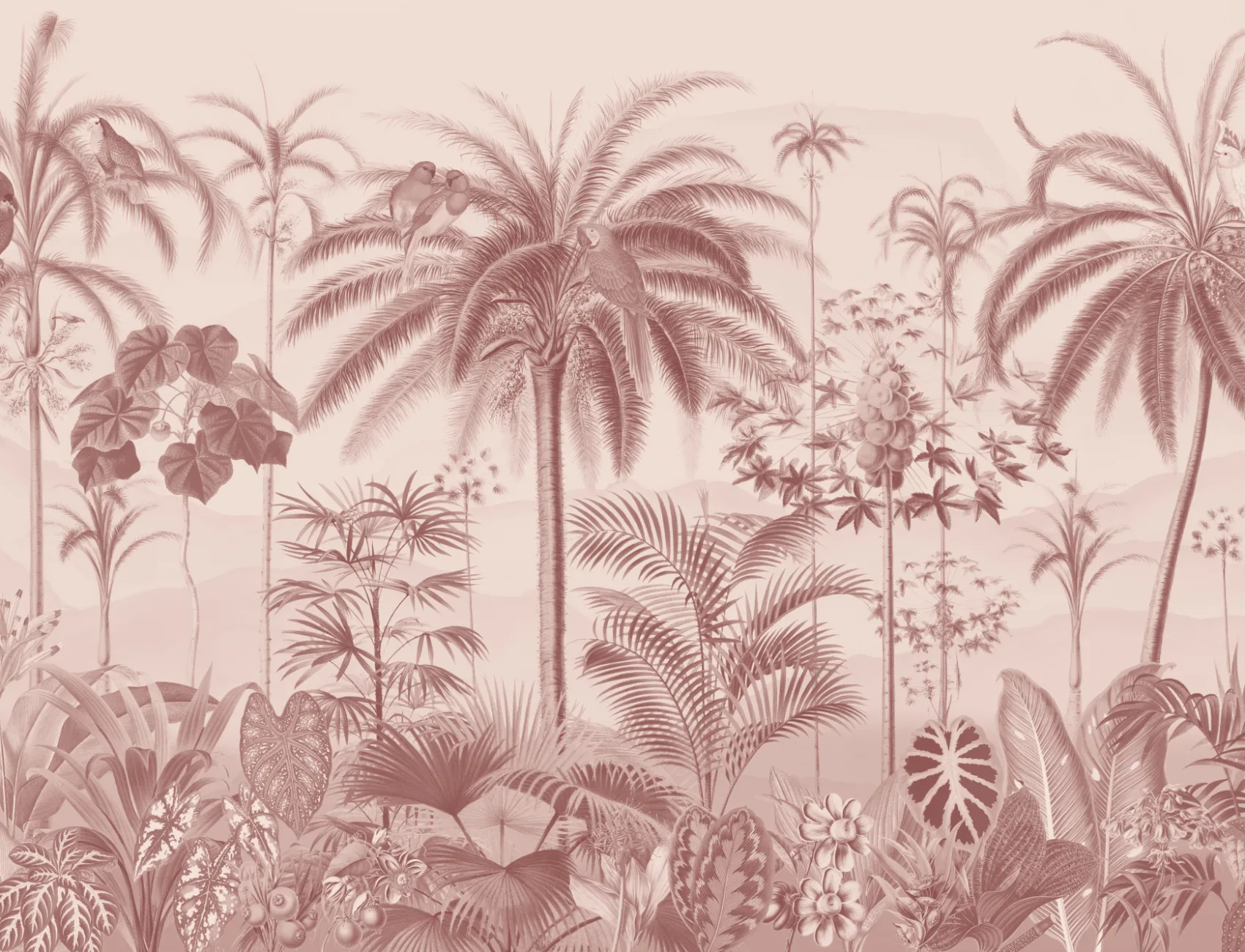 Carta da parati rosa illustrata in stile botanico tropicale