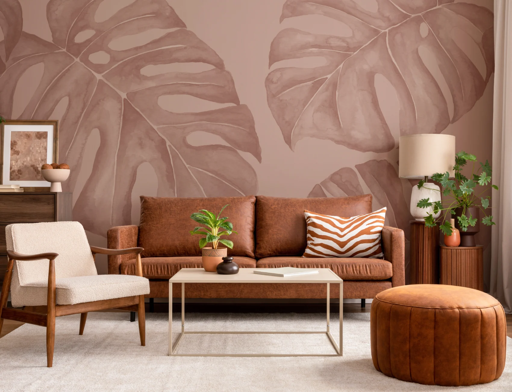 Terracotta akvarel Monstera blad fototapet