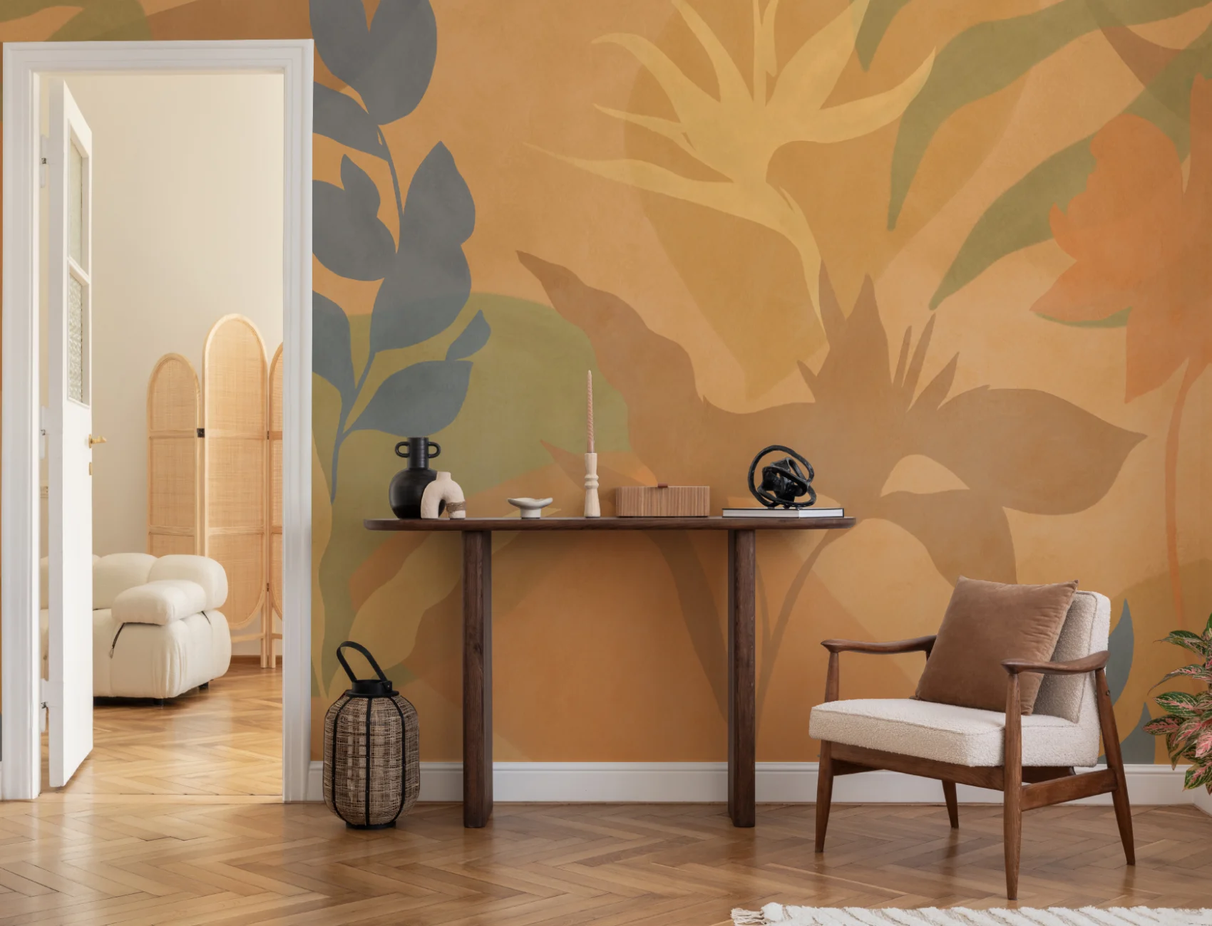 Papier peint panoramique de feuillage tropical abstrait orange