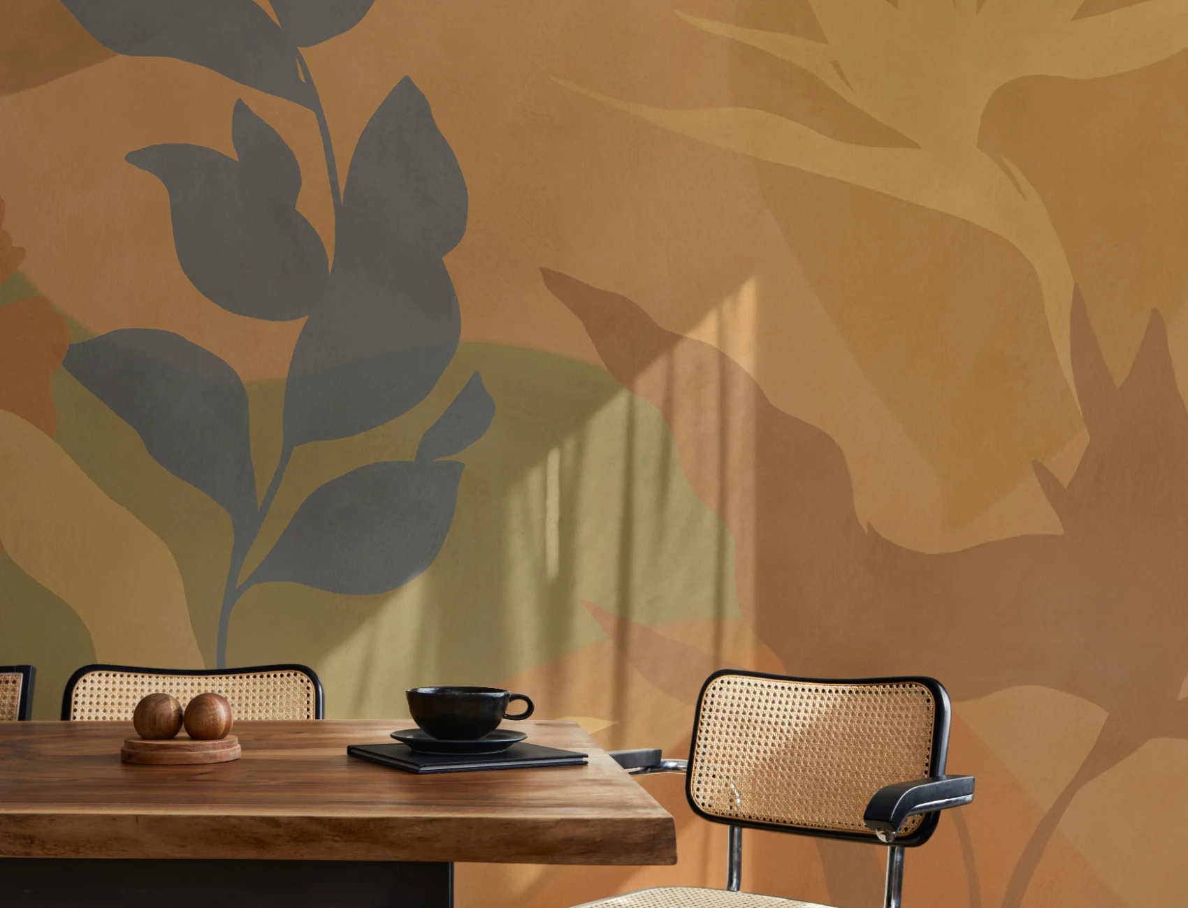 Papier peint panoramique de feuillage tropical abstrait orange