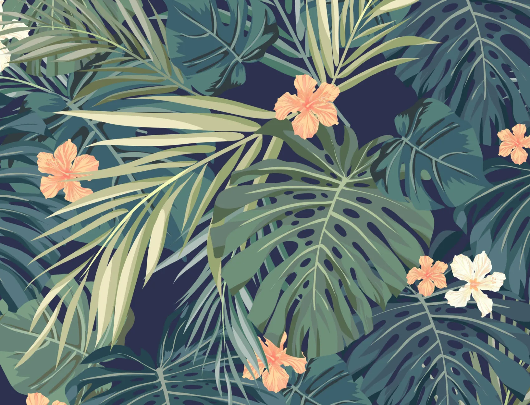 Carta da Parati Verde con Fiori e Foglie Tropicali