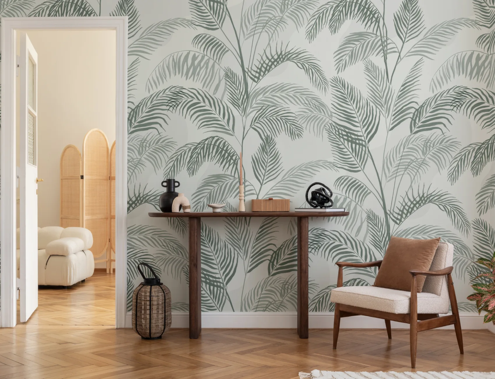 Green Inky Tropical Pattern Wallpaper Mural