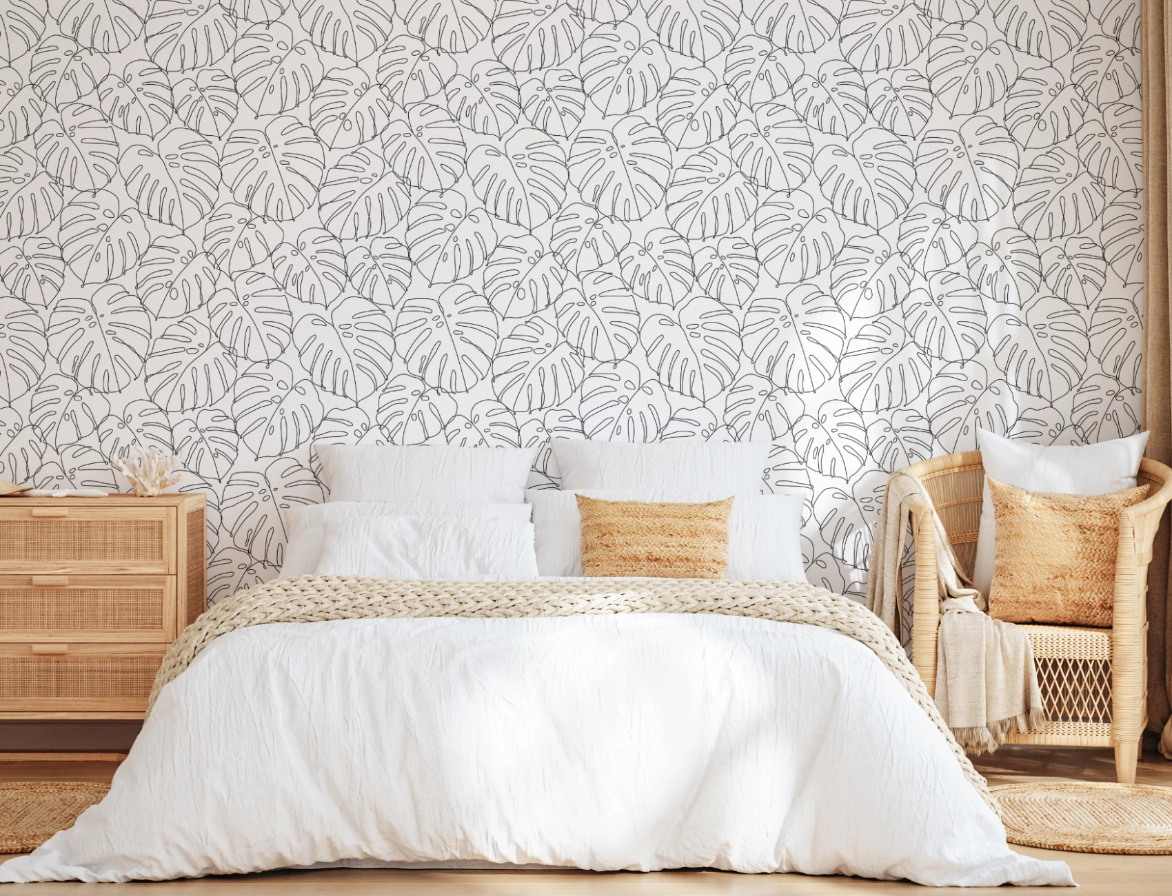 Black & White Minimal Monstera Leaf Repeat Pattern Wallpaper