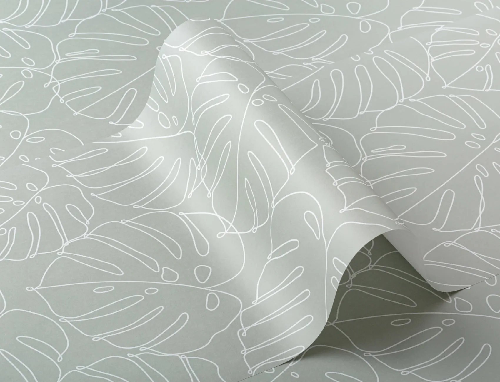 Green Monstera Leaf Line Drawing Repeat Pattern Wallpaper