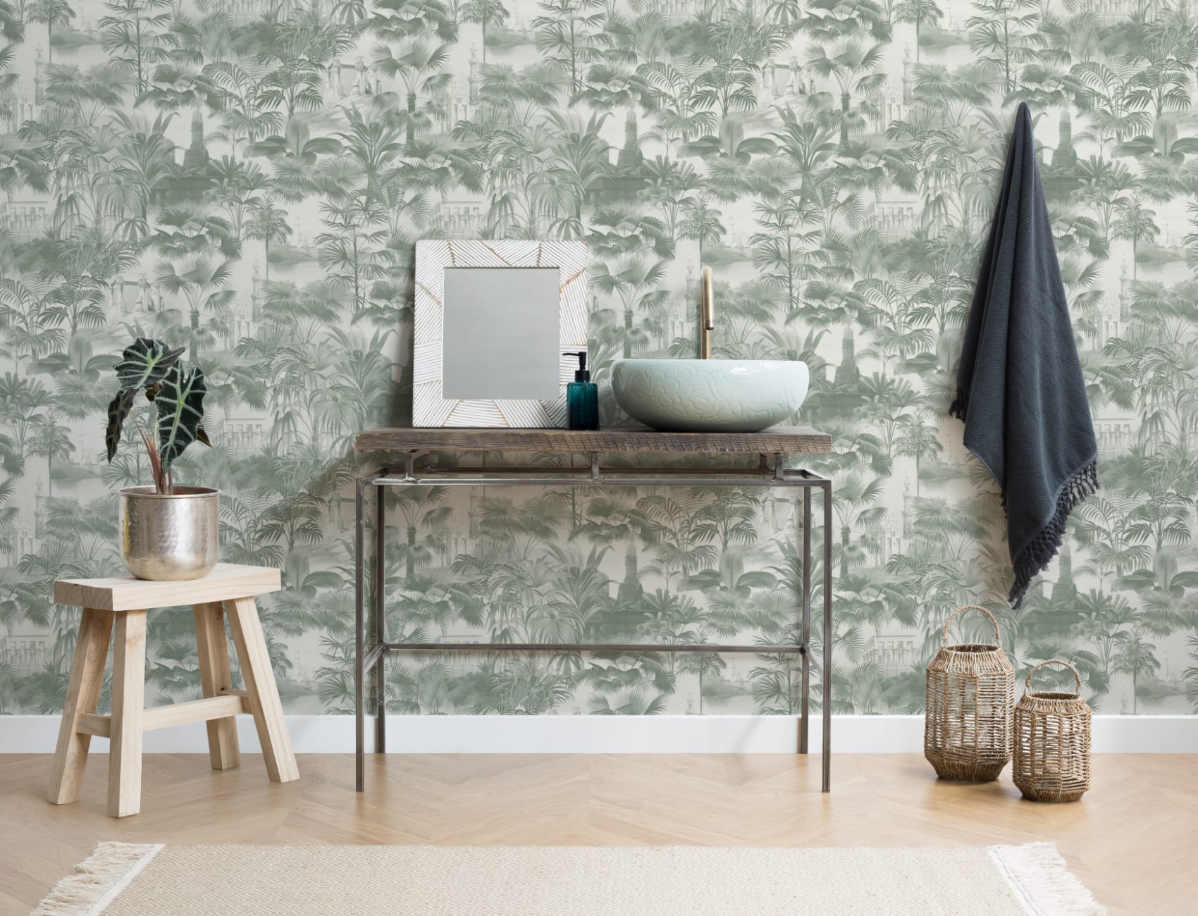 Vintage Tropical Temple Wallpaper