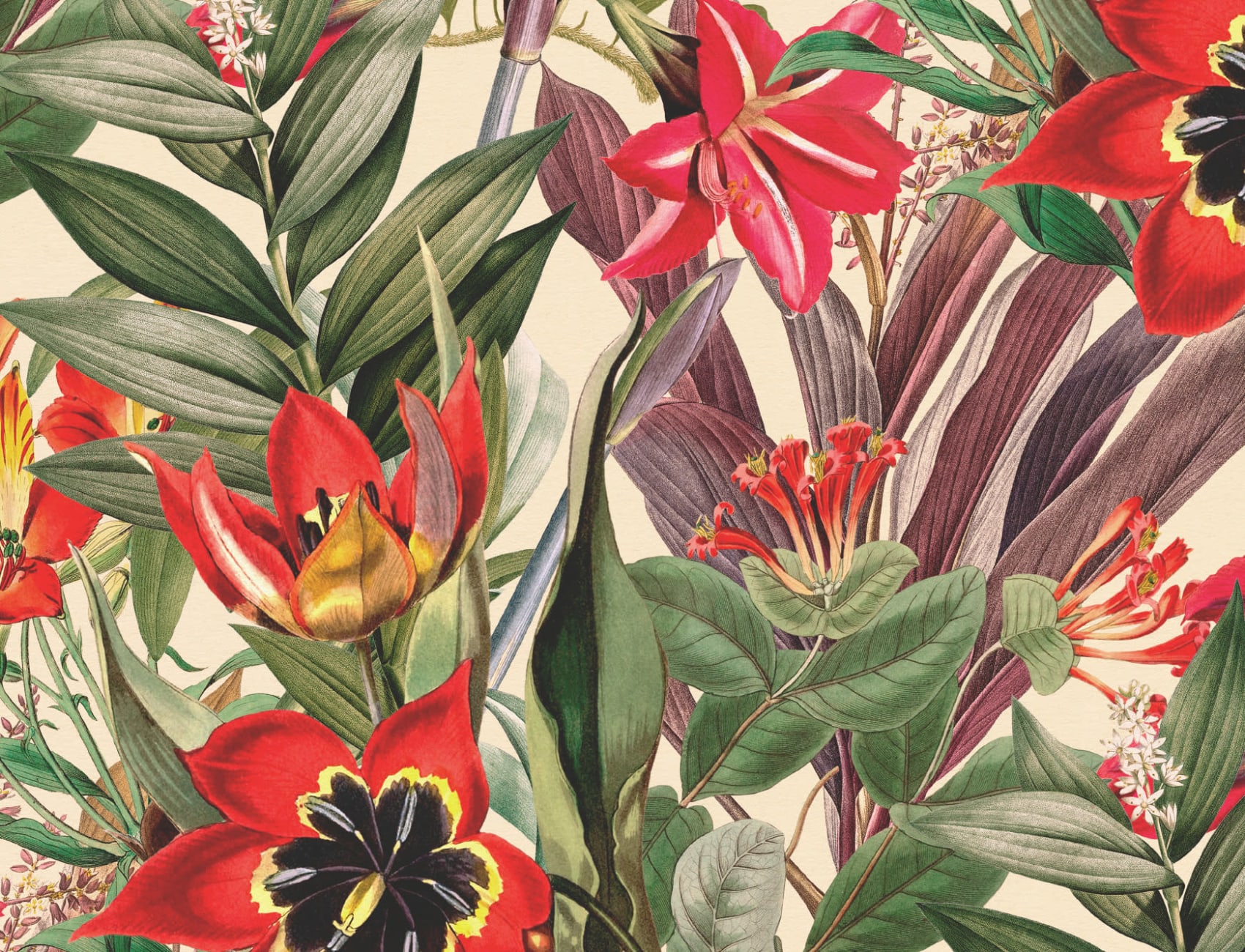 Papier peint feuillage tropical vintage sur fond beige
