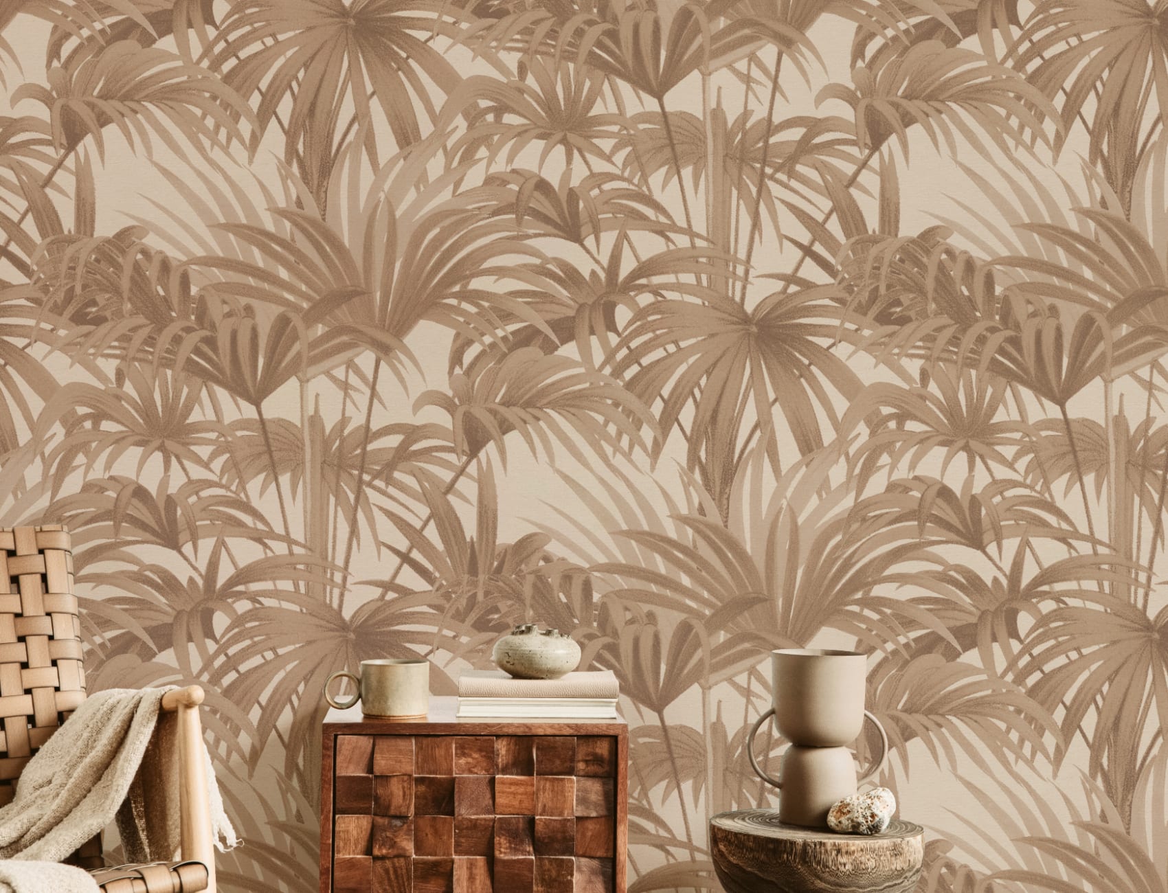 Tapet botanic Bower Brown Vintage Palm în tonuri calde de pământ