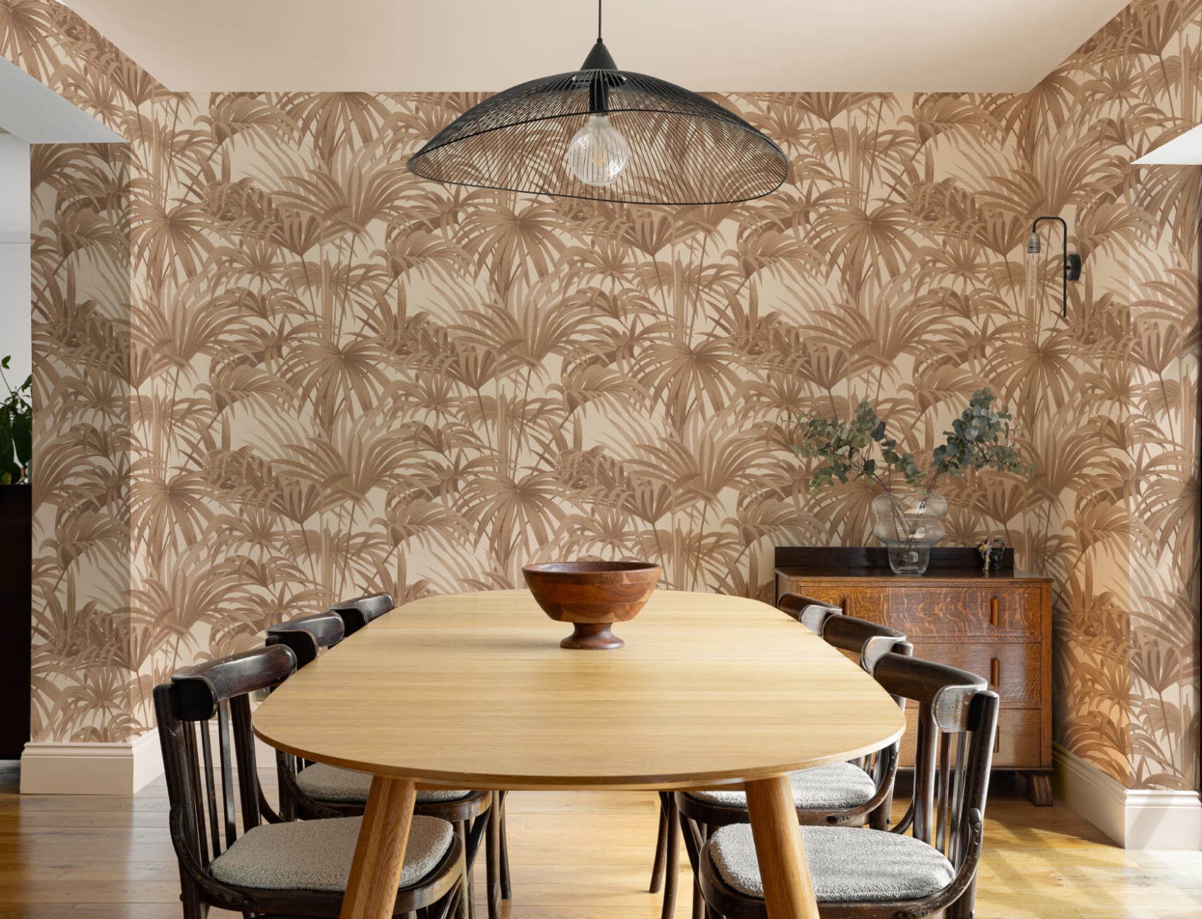 Tapet botanic Bower Brown Vintage Palm în tonuri calde de pământ