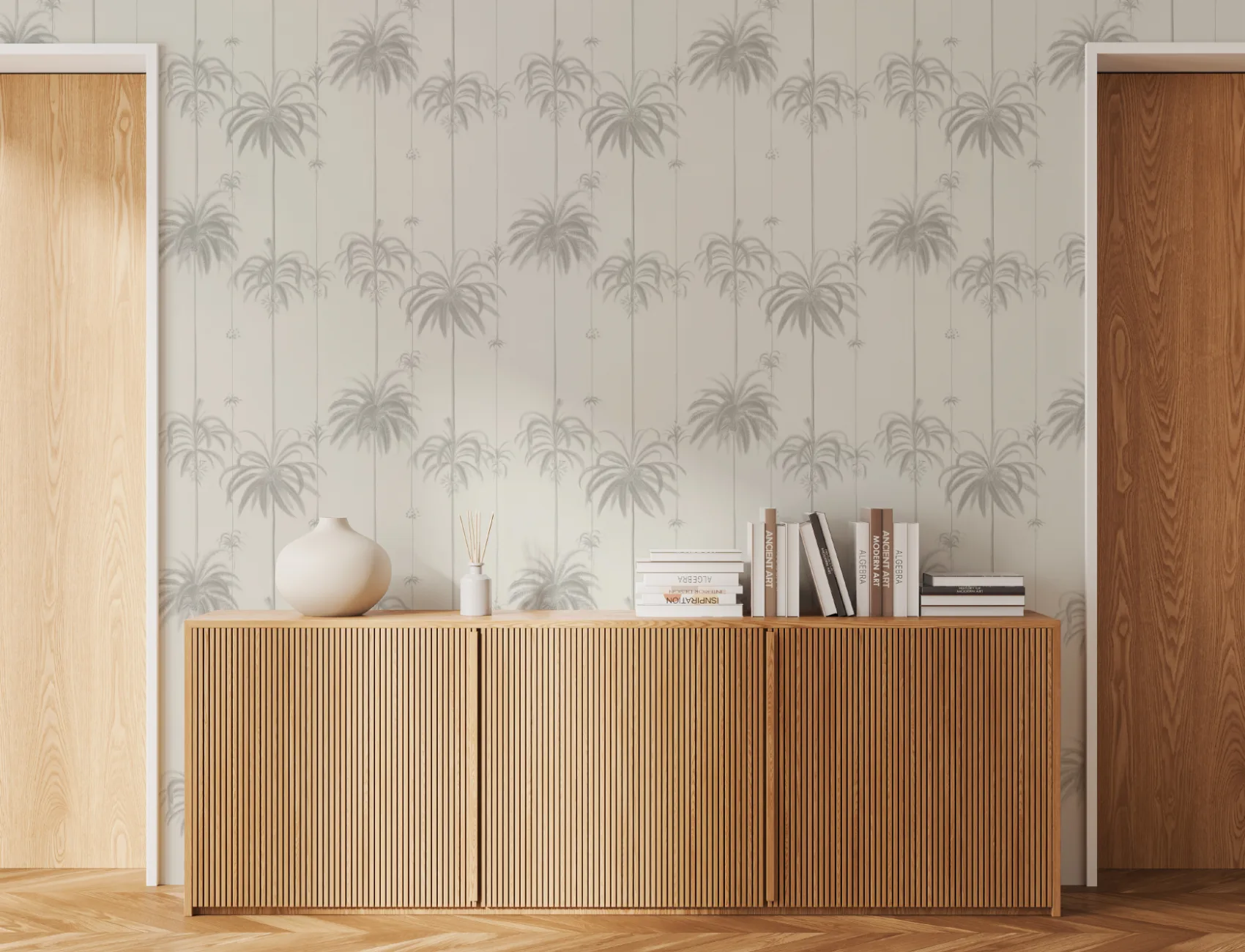 Beige stribet tapet med tropiske palmer