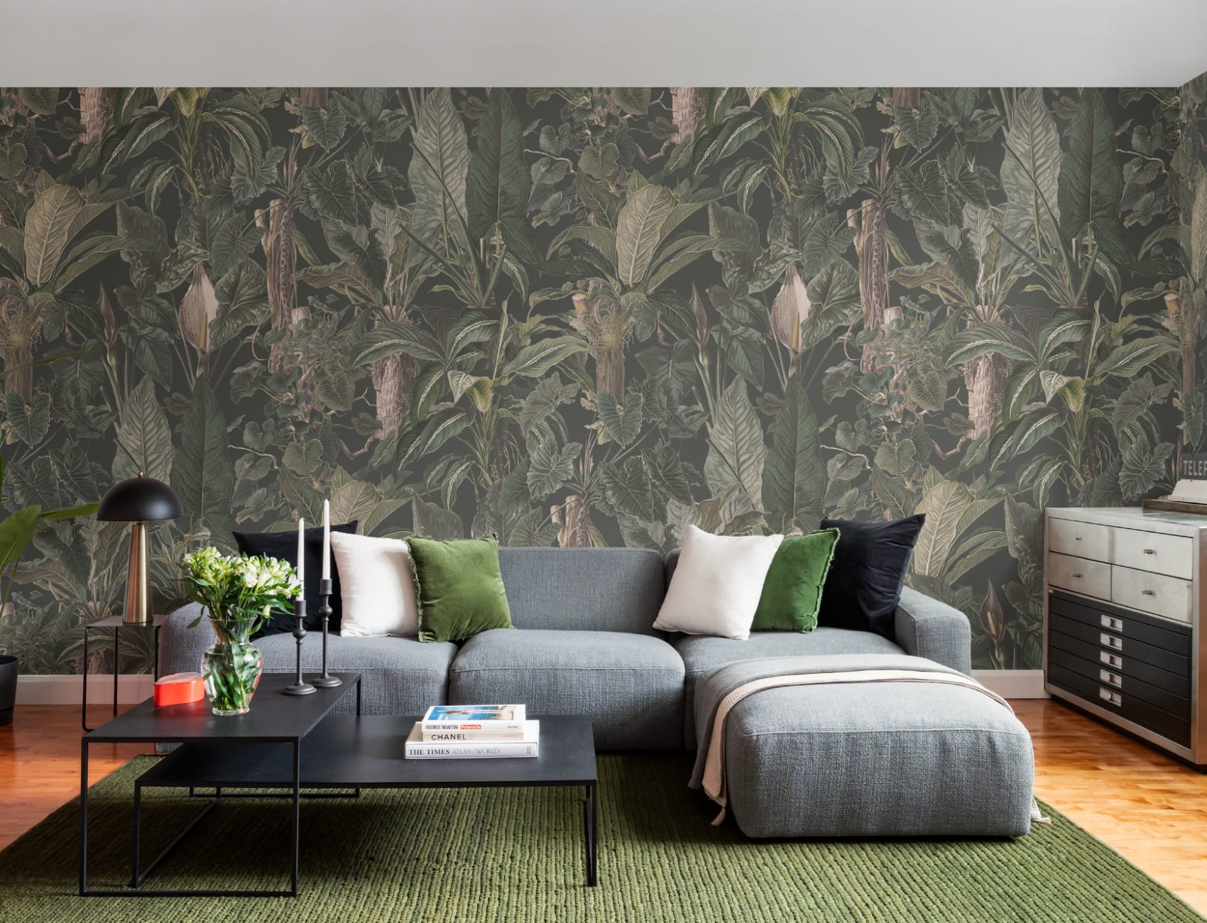 Papier peint panoramique vert tropical illustré Plantes à feuilles
