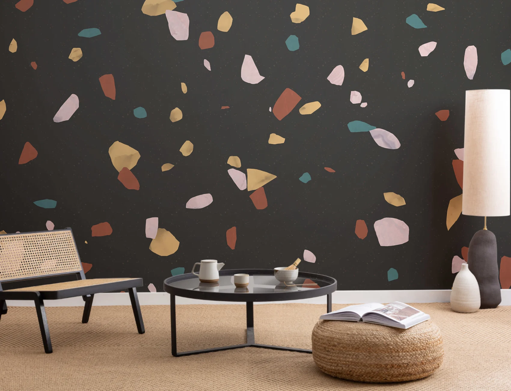 Black Marble Stone Terrazzo Print Wallpaper Mural