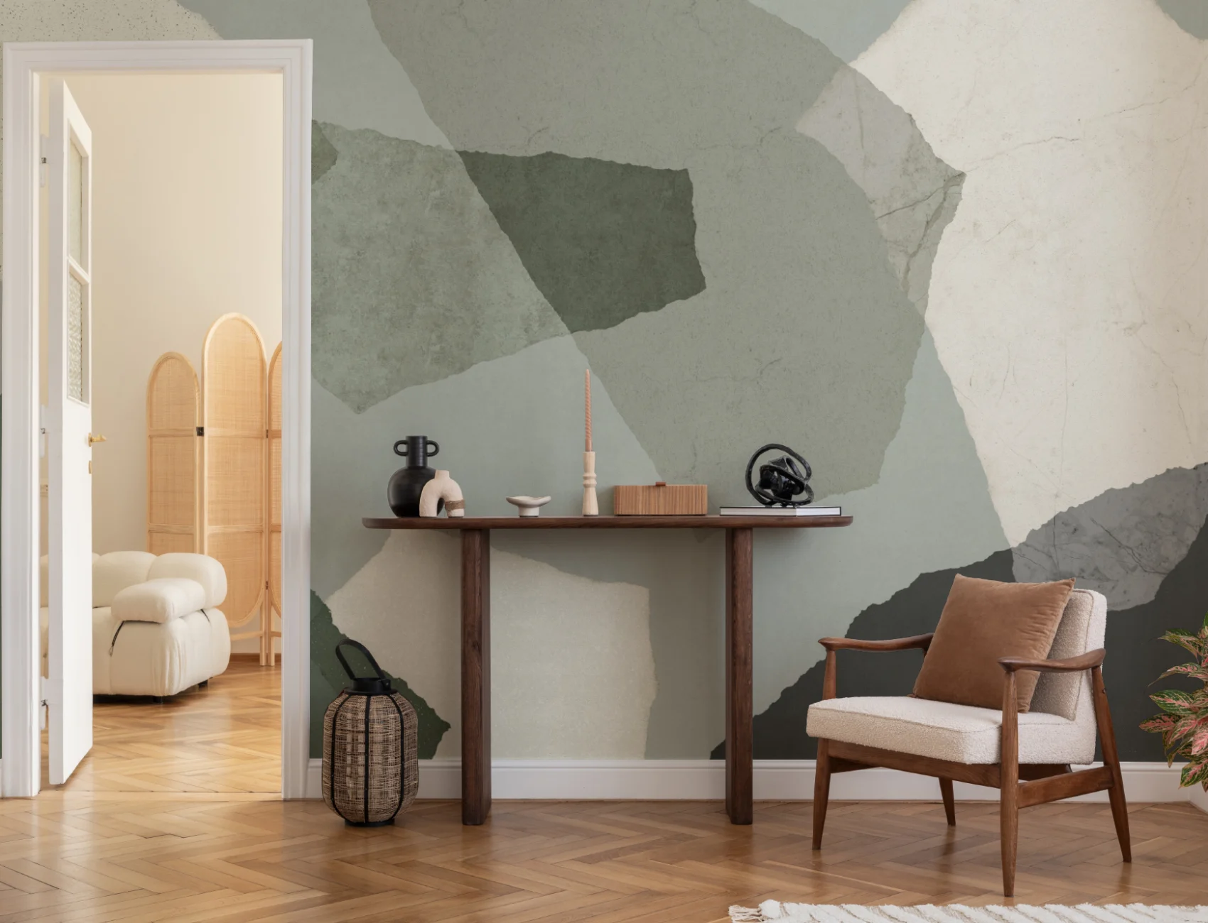 Green Abstract Minimalist Mural Adds Tranquil Elegant Vibes