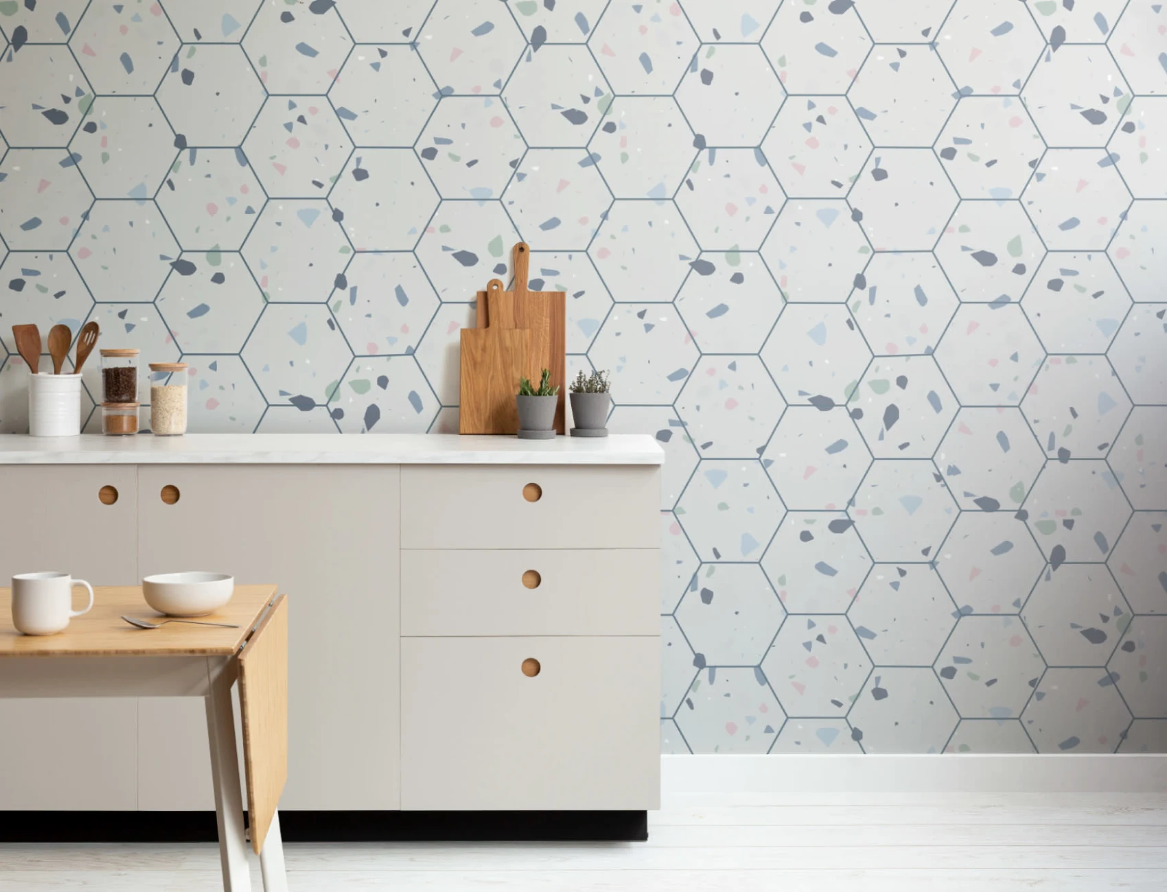Hexagon Tile Terrazzo Pattern Wallpaper Mural