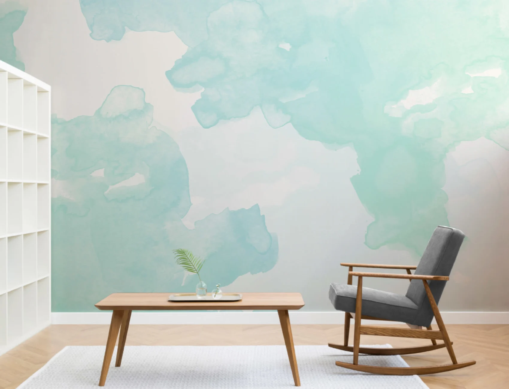Mural de parede com tinta de aguarela verde-pastel e azul Ombre