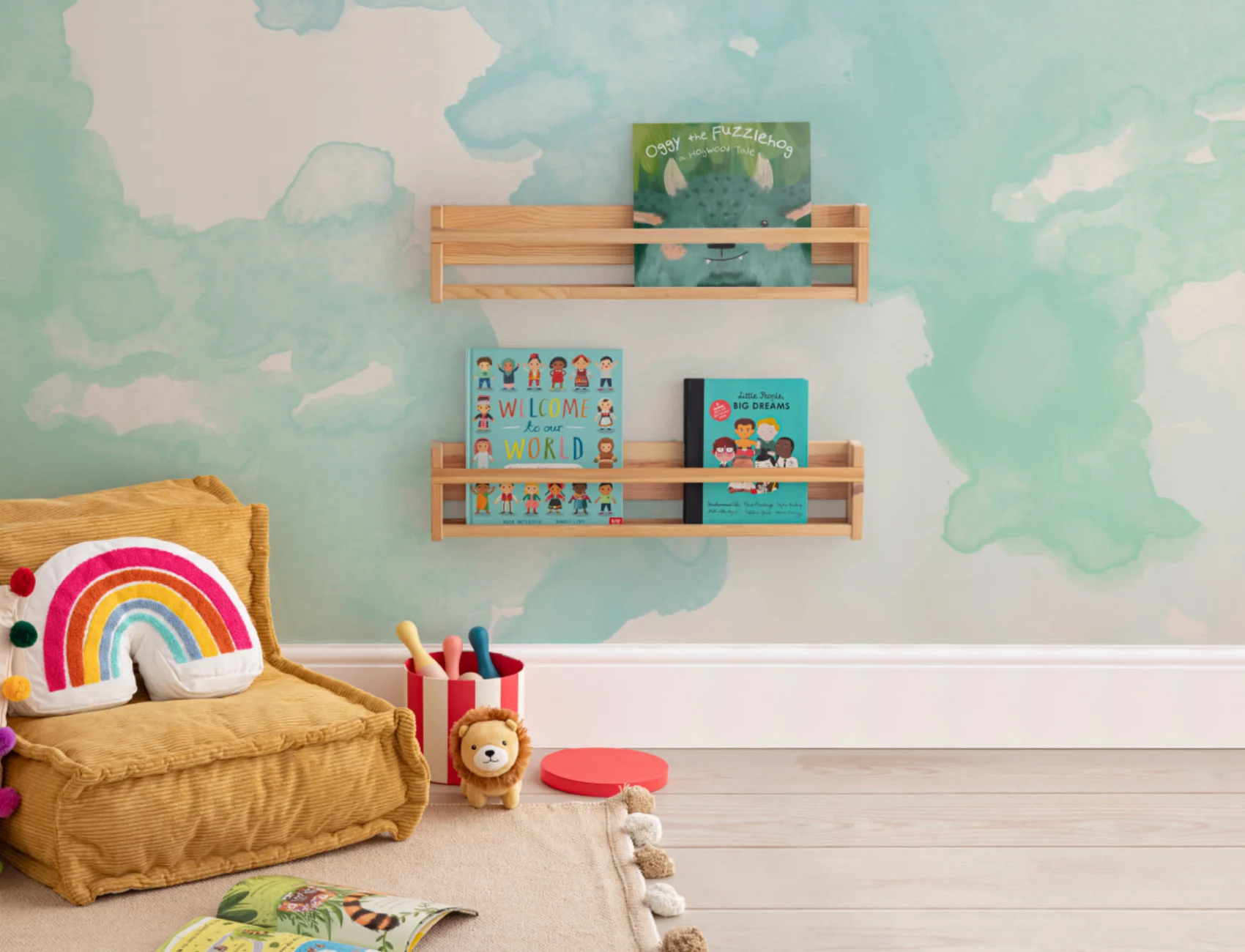 Mural de parede com tinta de aguarela verde-pastel e azul Ombre