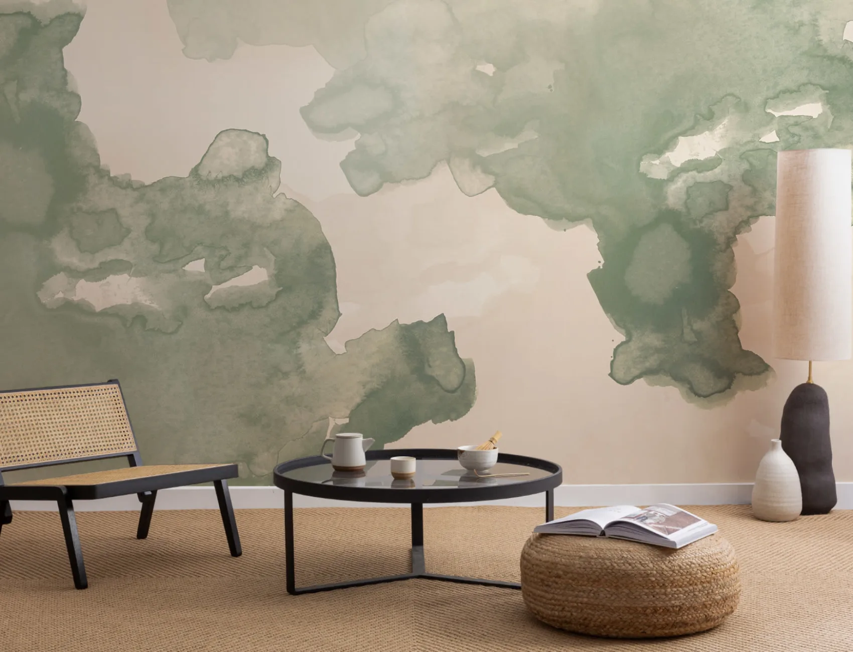 Sage Green Ombre Watercolor Inkspill Wall Mural