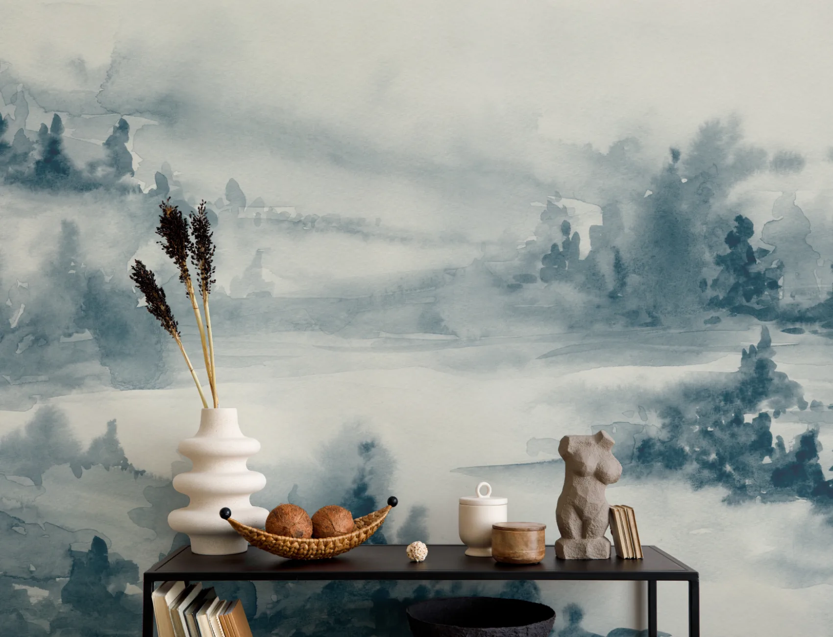 Niebieska akwarelowa fototapeta Forest Serenity Art
