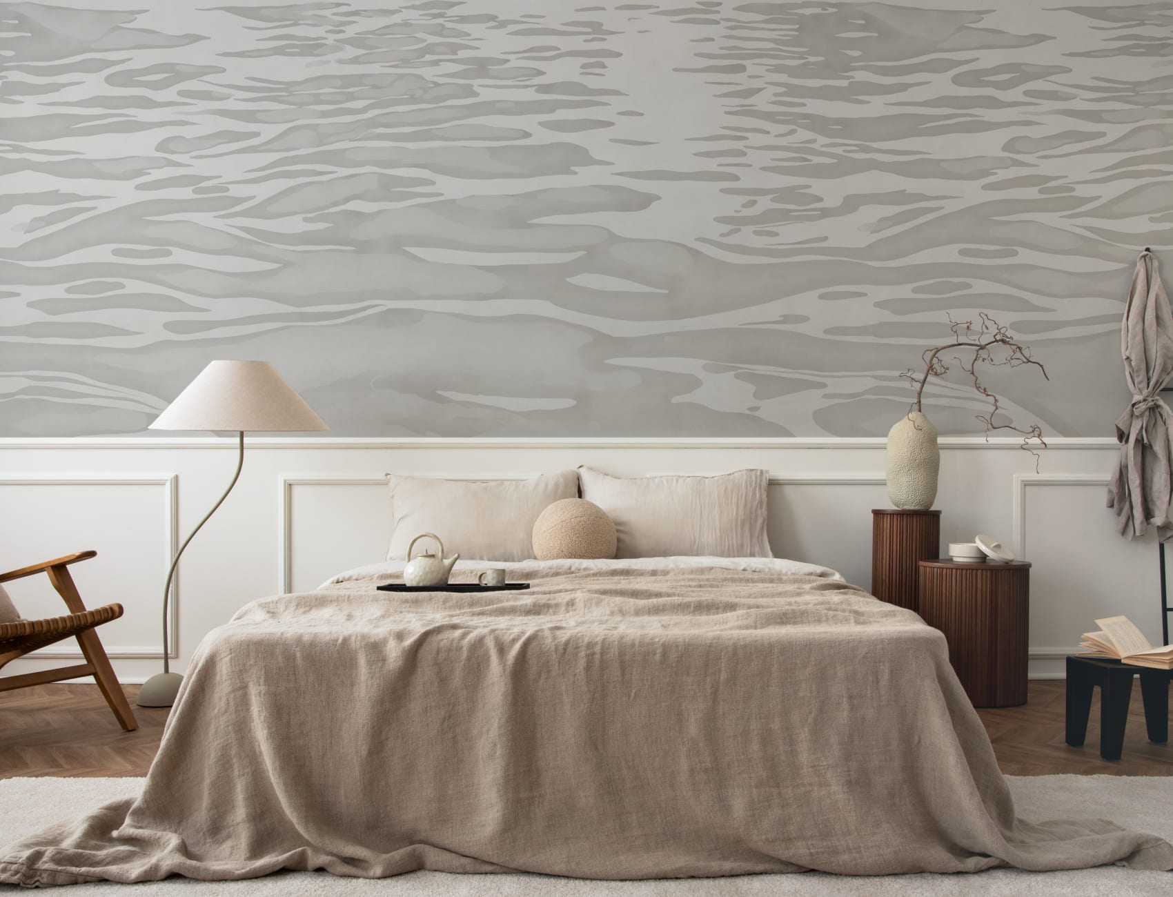 Beige handmålad mural-tapeter med vattenspridning
