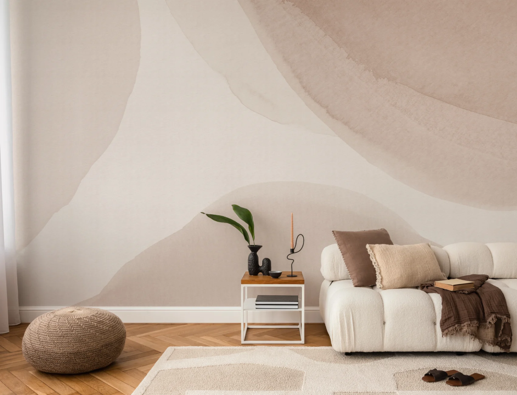 Fototapeta abstrakcyjna z beżowymi, uspokajającymi kształtami akwareli