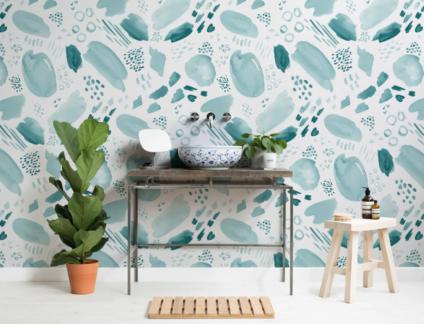 Teal Abstract Waterverf Brush Stroke Patroon Behang Muurschildering