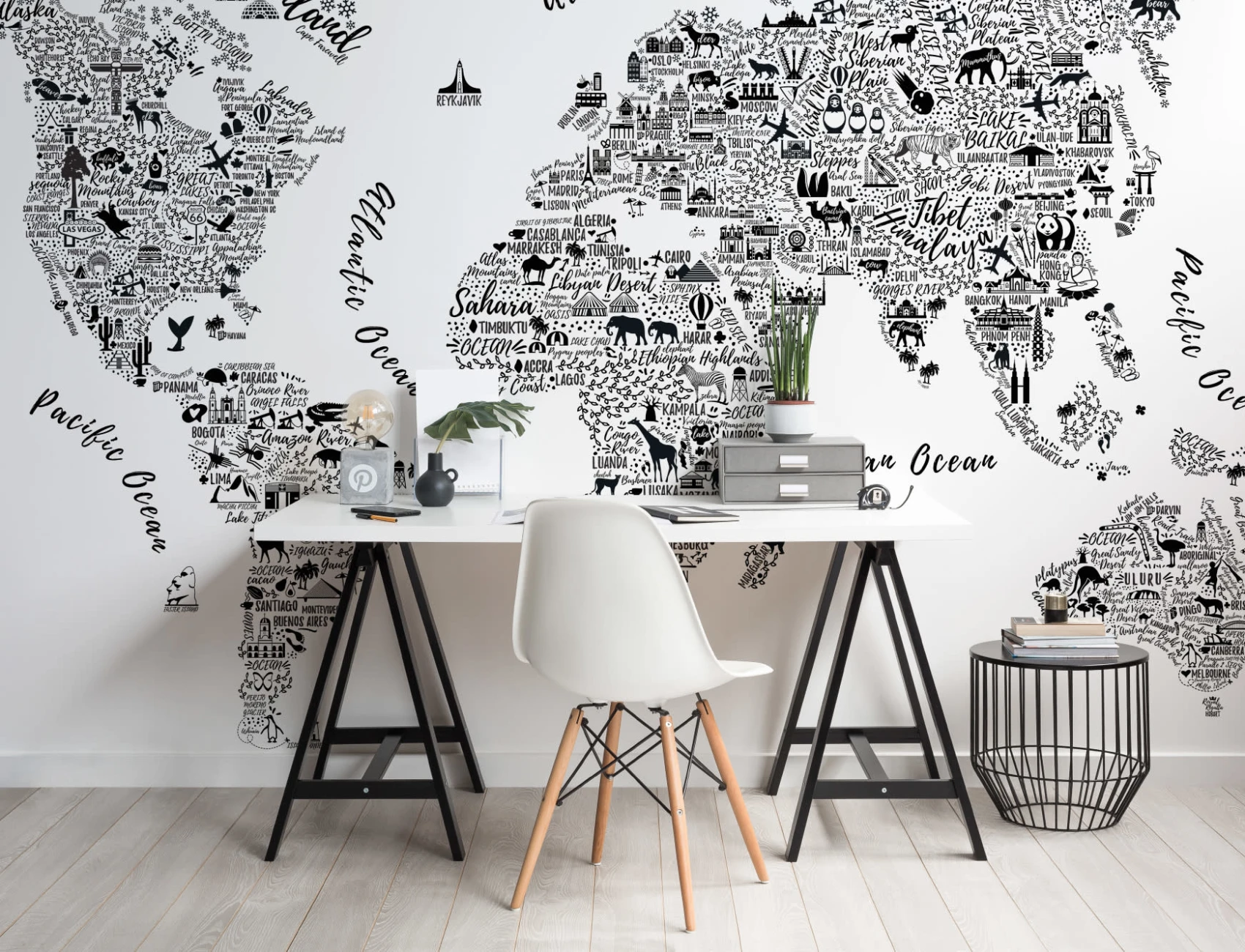 Black & White Typography Map Wallpaper Mural