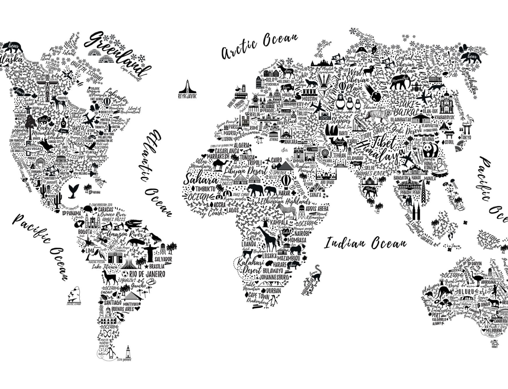 Black & White Typography Map Wallpaper Mural