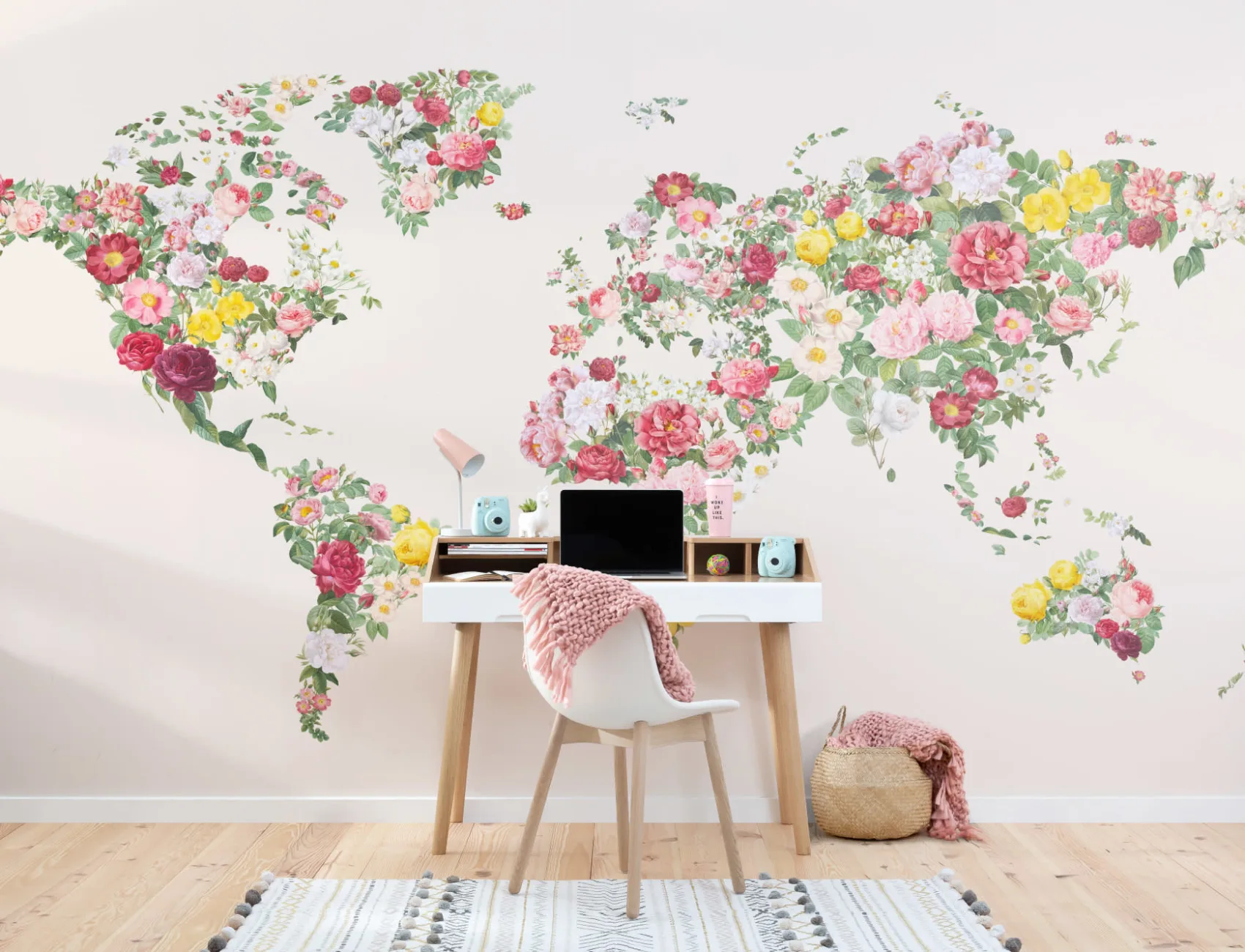 Colourful Abstract Vintage Flower World Map Wallpaper Mural