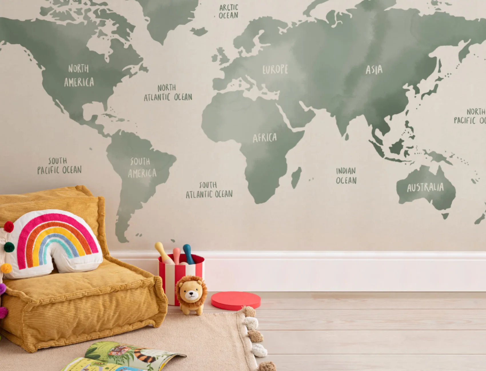 Sage Green & Neutral Watercolor World Map Wallpaper Mural