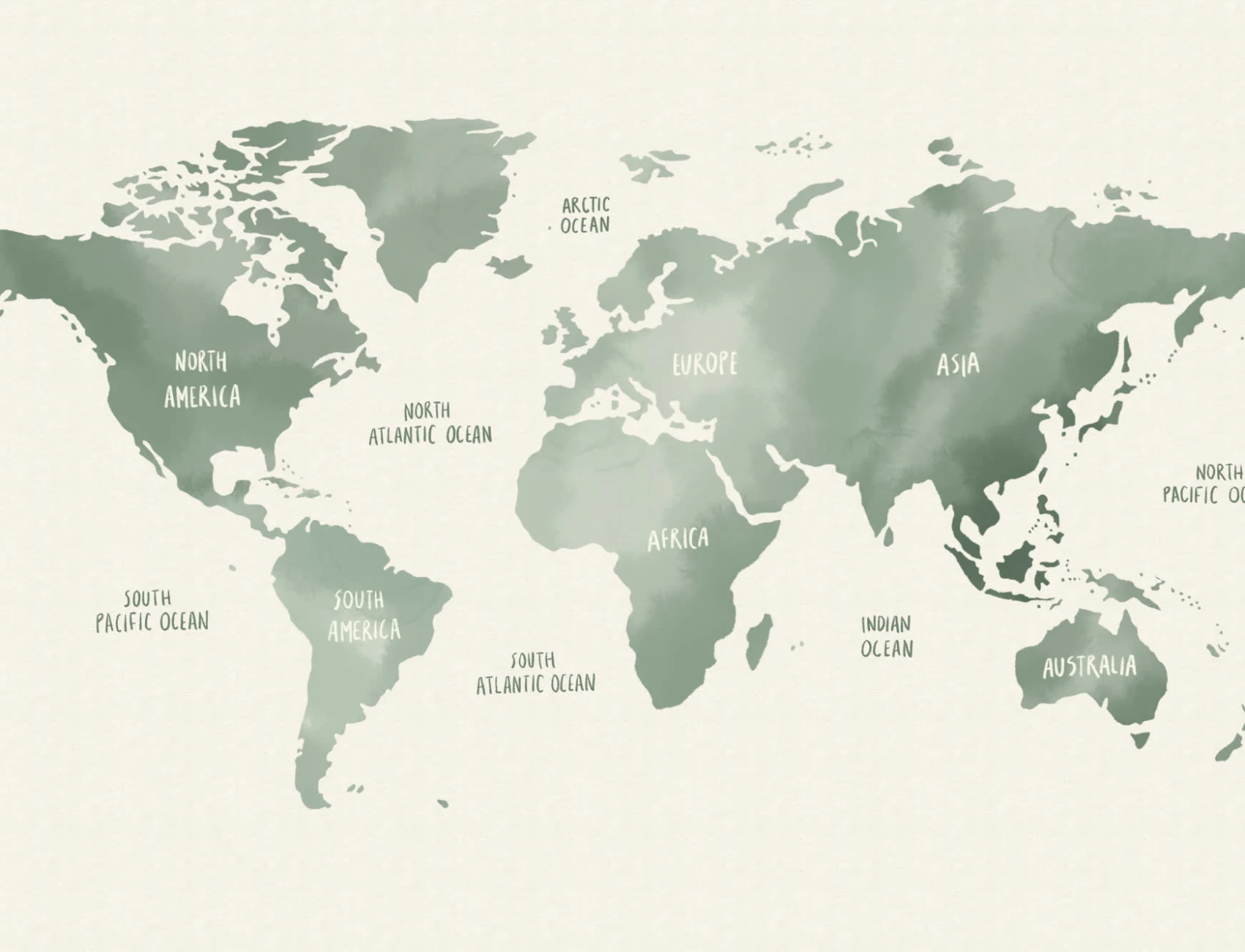Sage Green & Neutral Watercolor World Map Wallpaper Mural