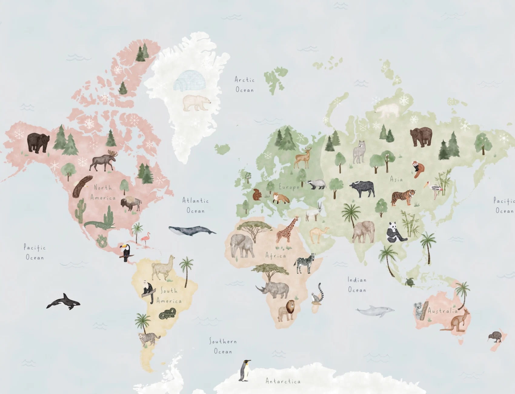 Kids kleurrijke dieren wereldkaart behang muurschildering