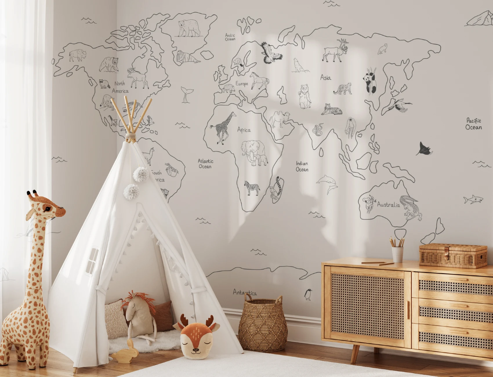 Kids Minimalist Neutral World Map Wallpaper Mural