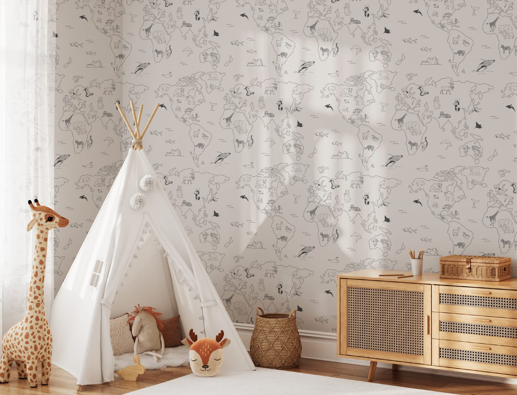 Papel Pintado Beige con Patrón de Mapamundi con Animales