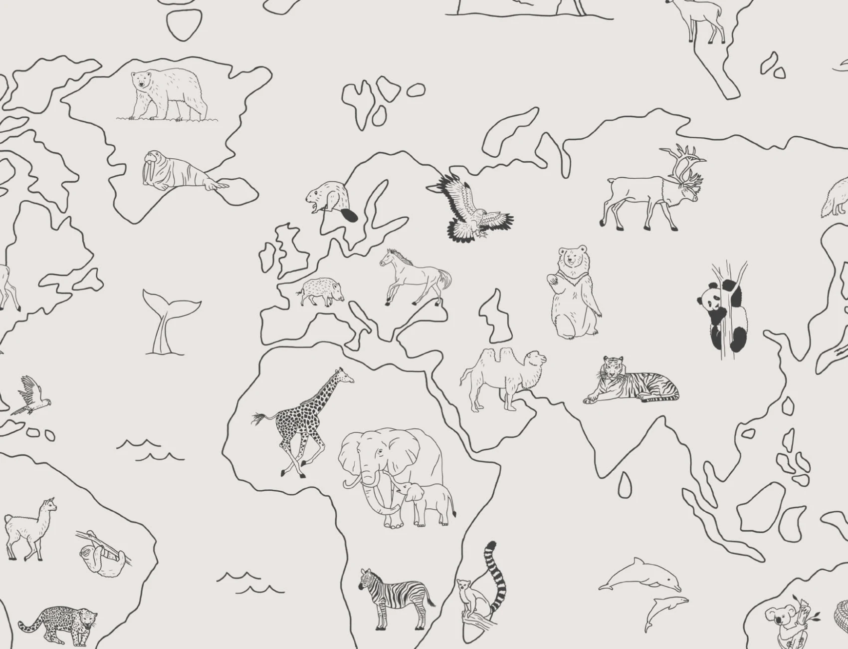 Papel Pintado Beige con Patrón de Mapamundi con Animales