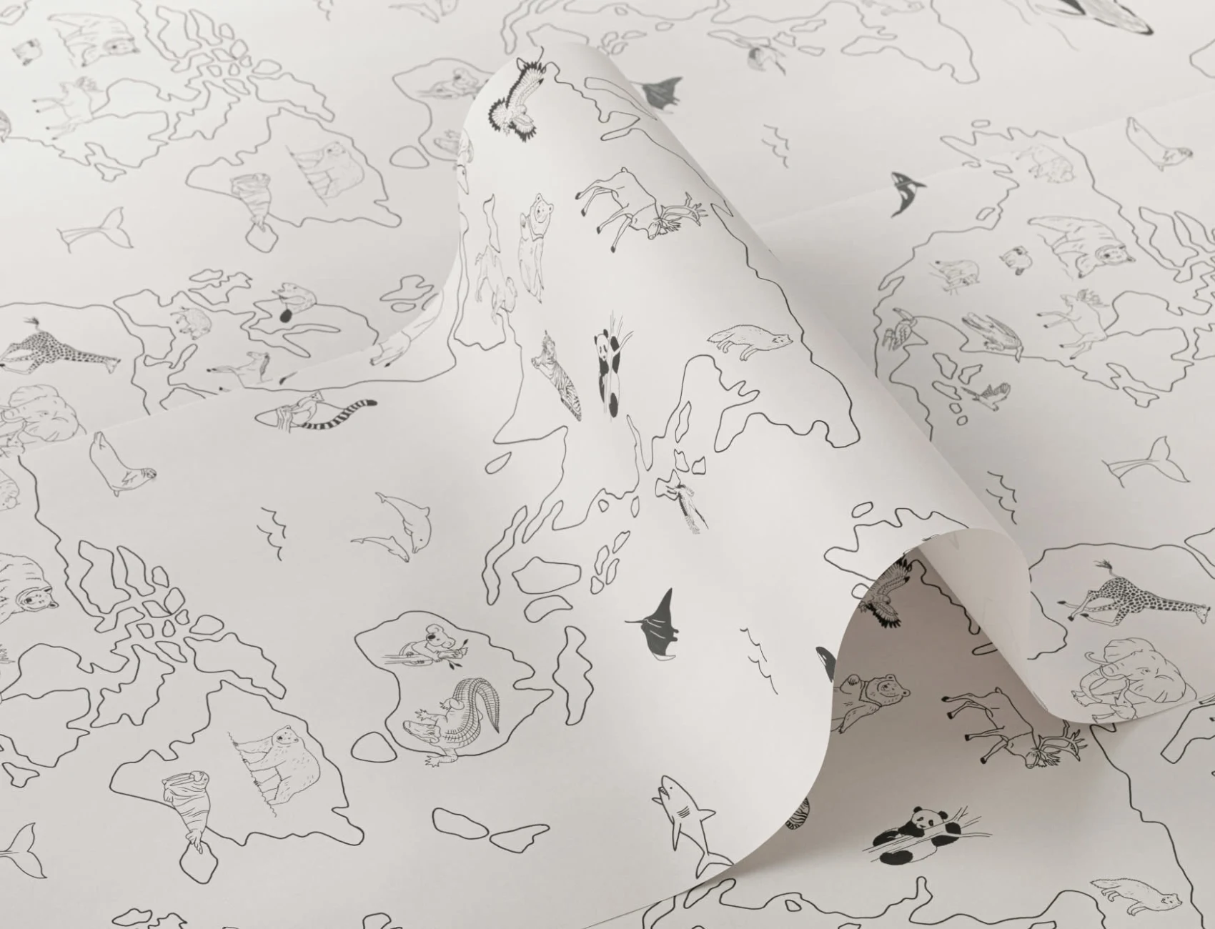 Papel Pintado Beige con Patrón de Mapamundi con Animales