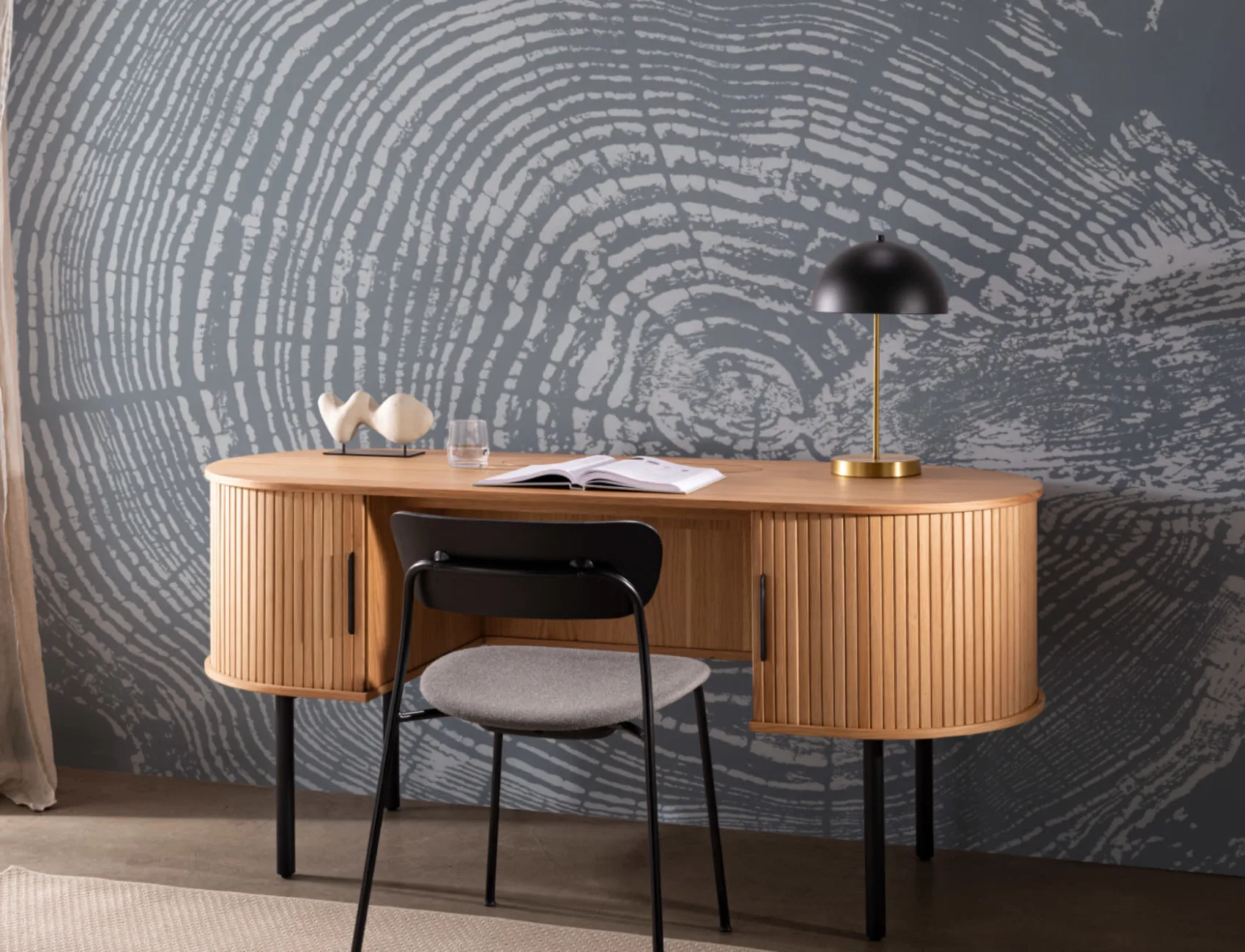Mural Papel Pintado de Madera con Tocón de Árbol en Azul Gris