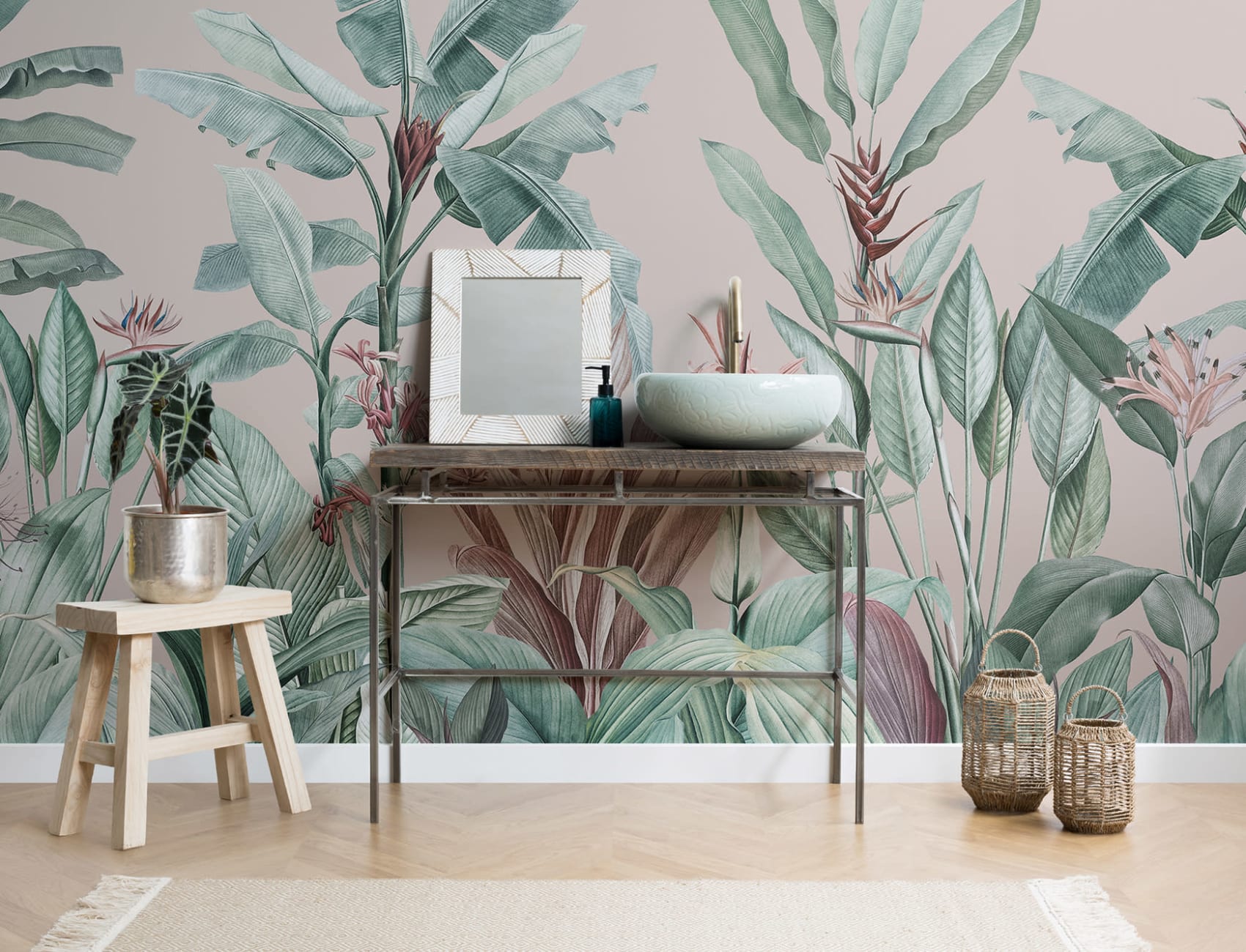 Pastel Pink & Green Vintage Tropical Wallpaper Mural