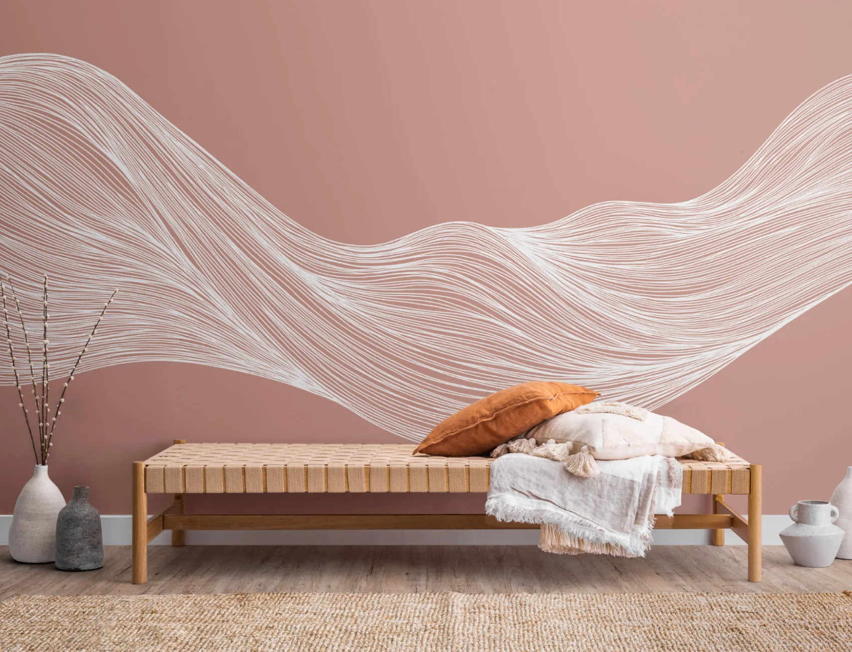 White & Terracotta Wavy Line Abstract Wallpaper Mural