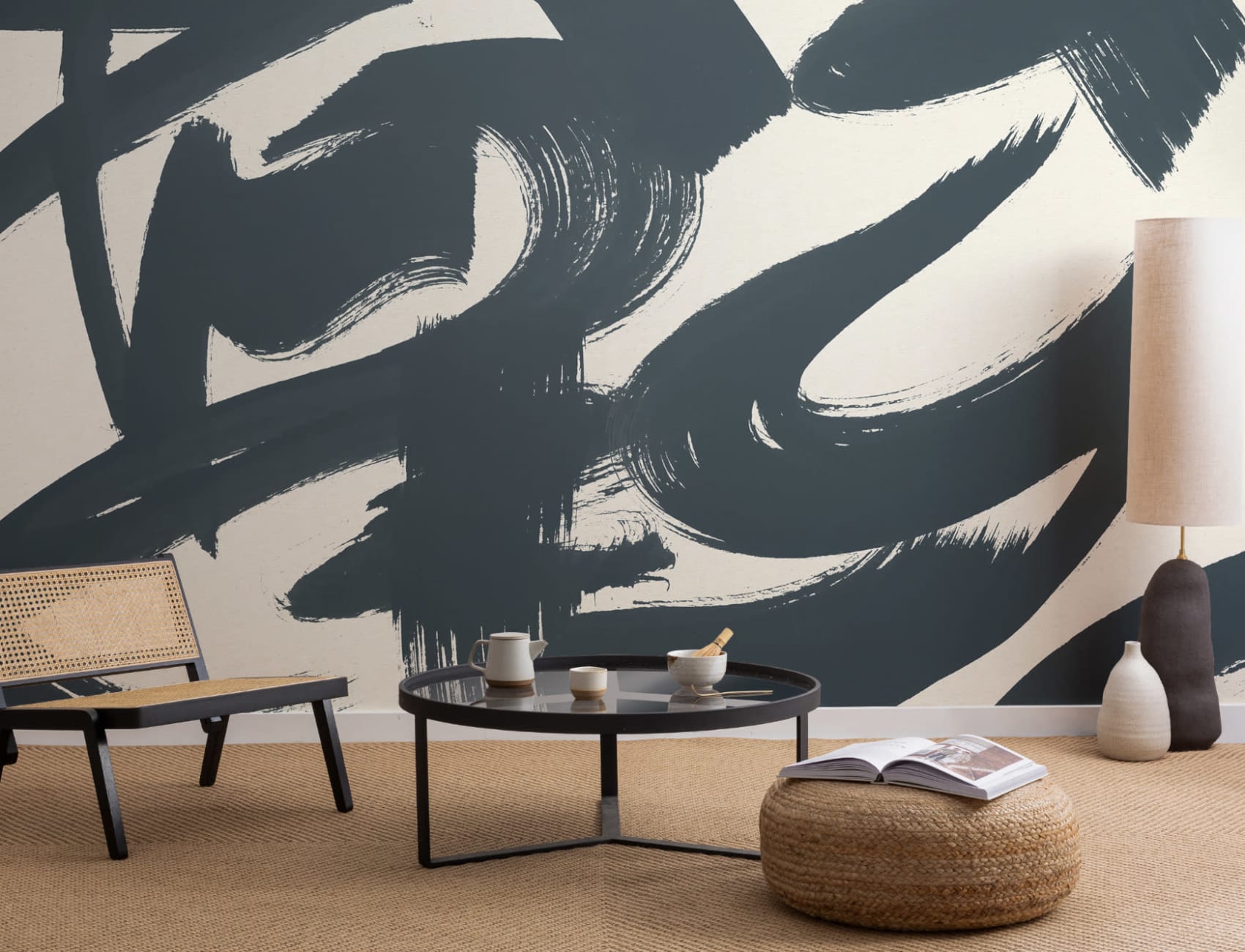Mural Papel Pintado Abstracto con Shodo Japonés en Azul Marino