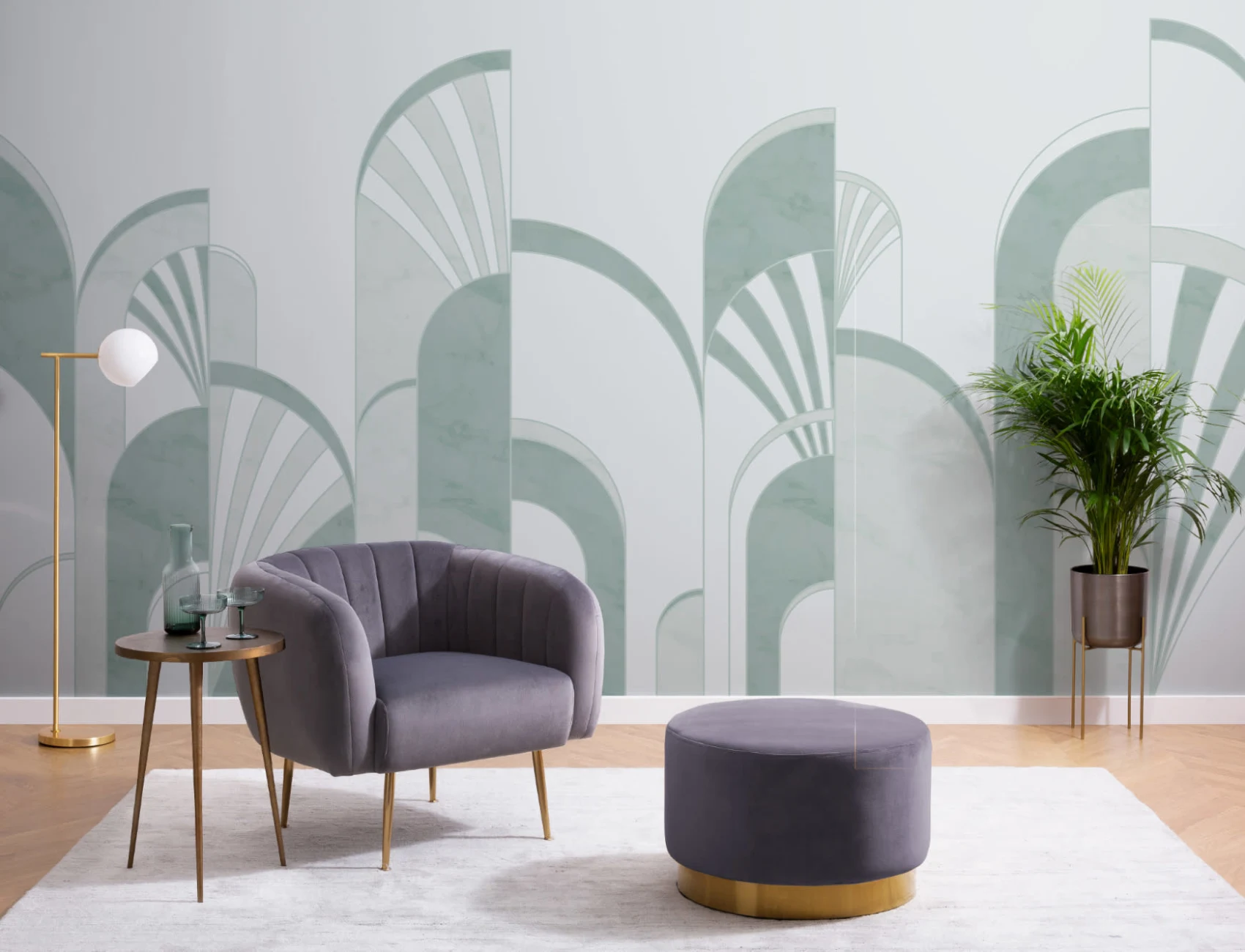 Groene Art Deco Print Bogen Behang Muurschildering