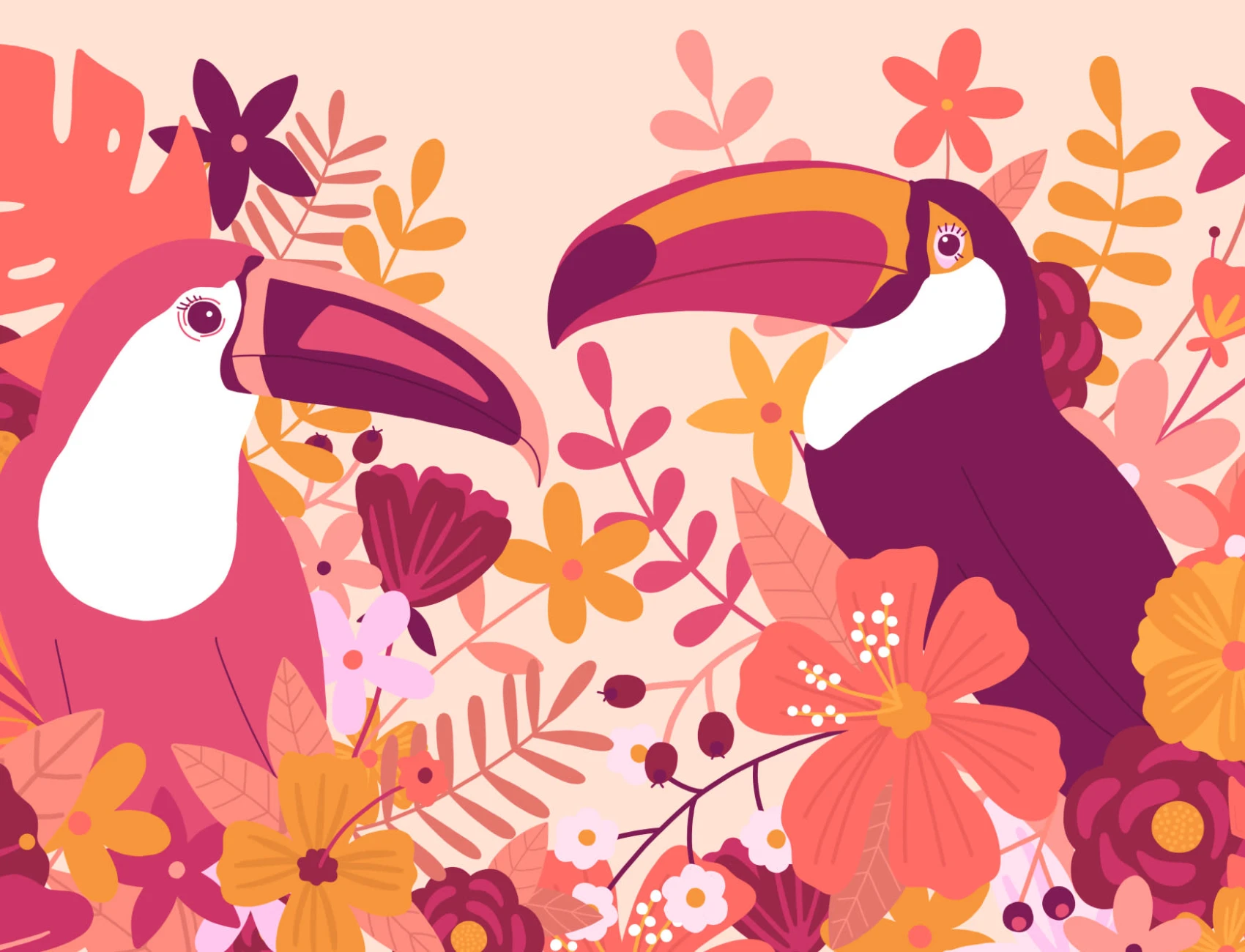Fototapete Illustrierter Tukan Vogel Rosa