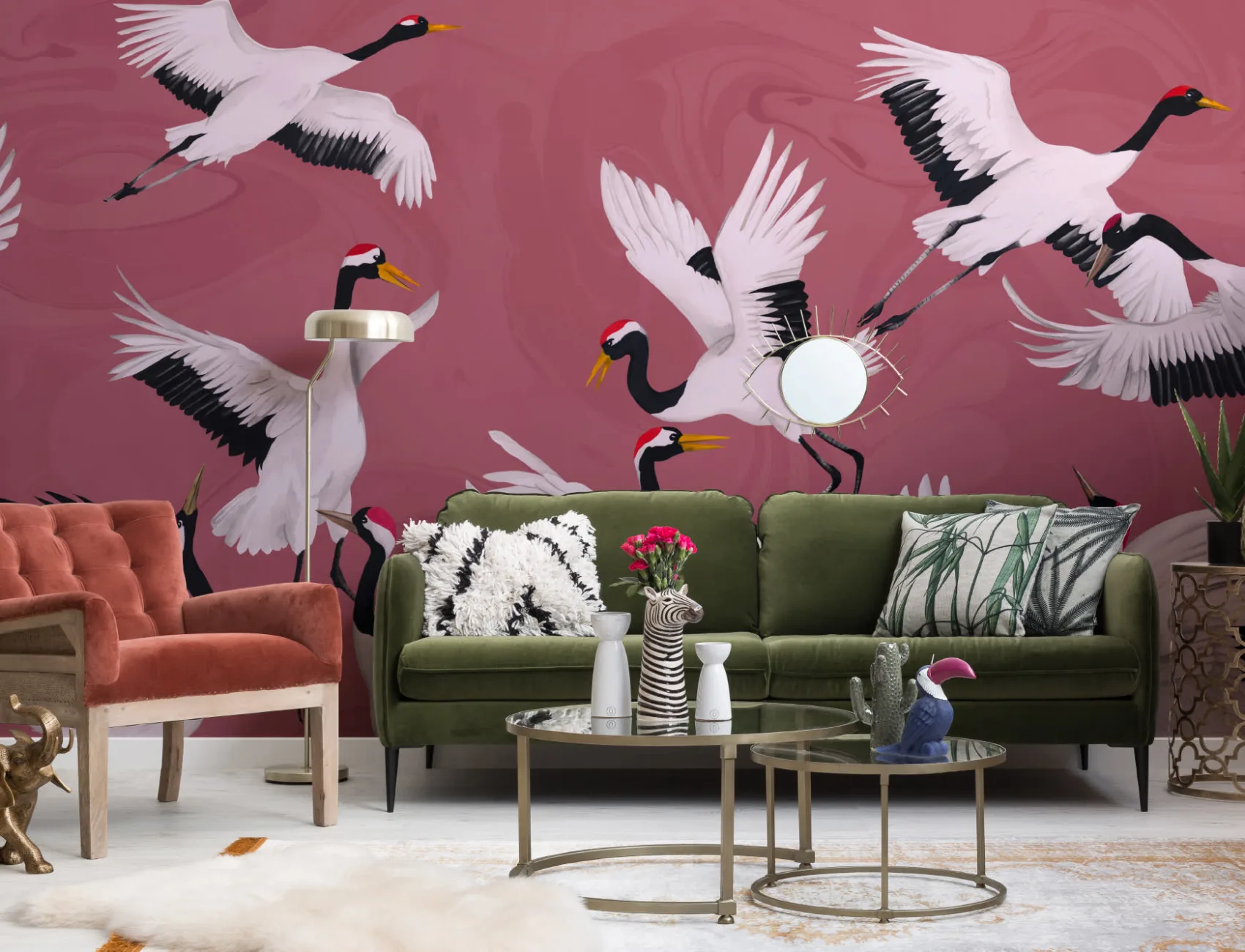 Papier Peint Panoramique Rose Peinture de Grues Japonaises Volantes
