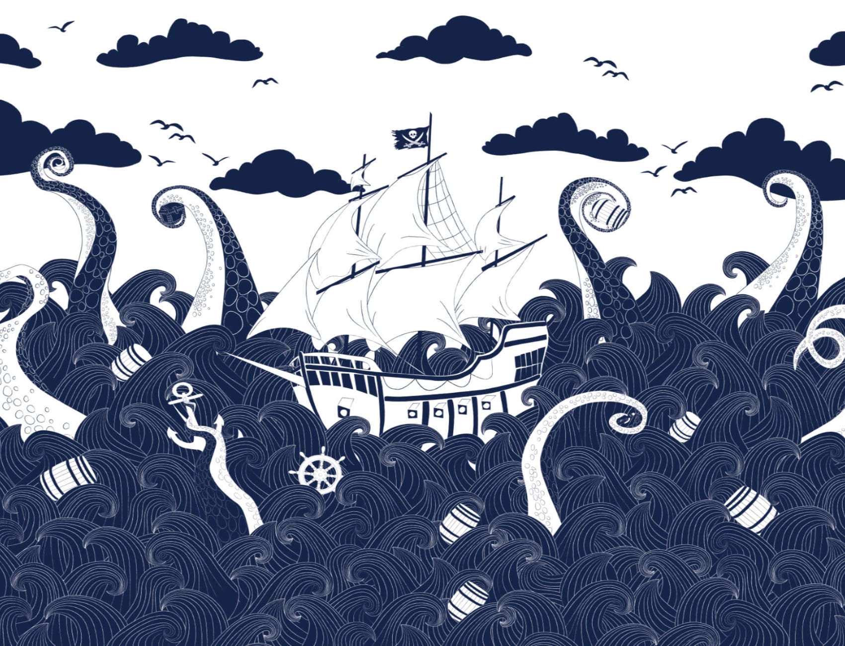 Carta da Parati per Bambini Bianca e Blu Scuro Illustrata con Nave Pirata
